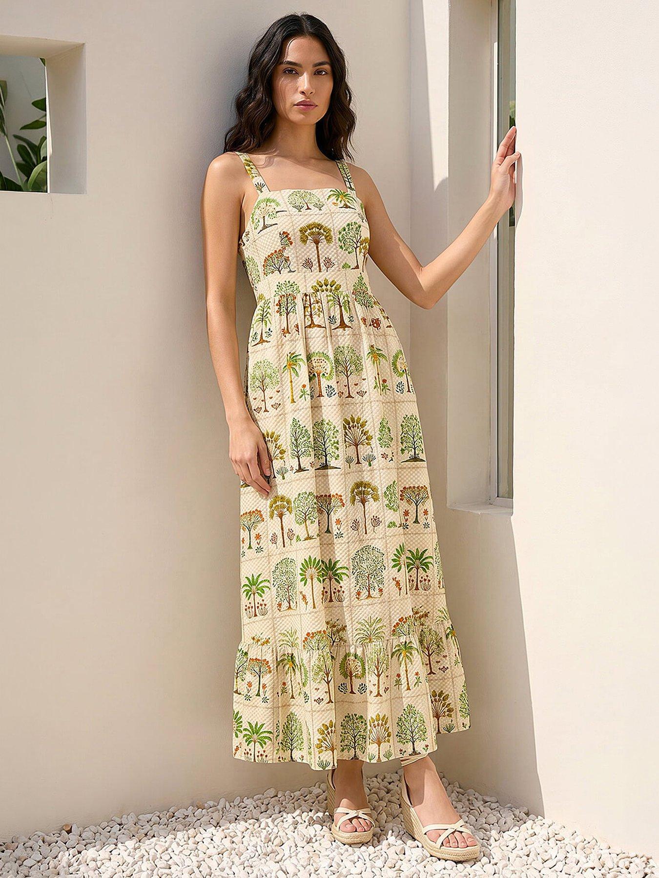 Roman Tree Tile Print Strappy Tie Midi Dress