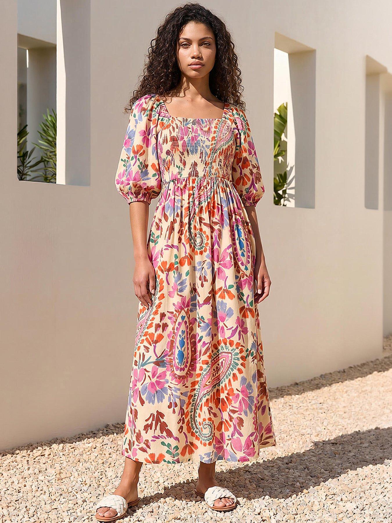 Roman Petite Paisley Print Shirred Dress