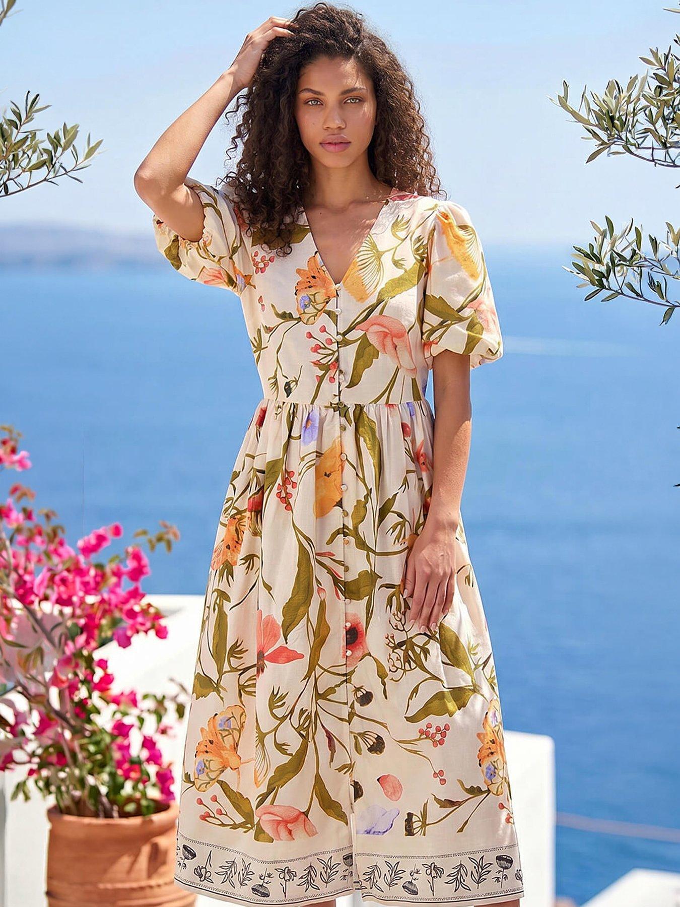 Roman Petite Floral Print Button Midi Dress