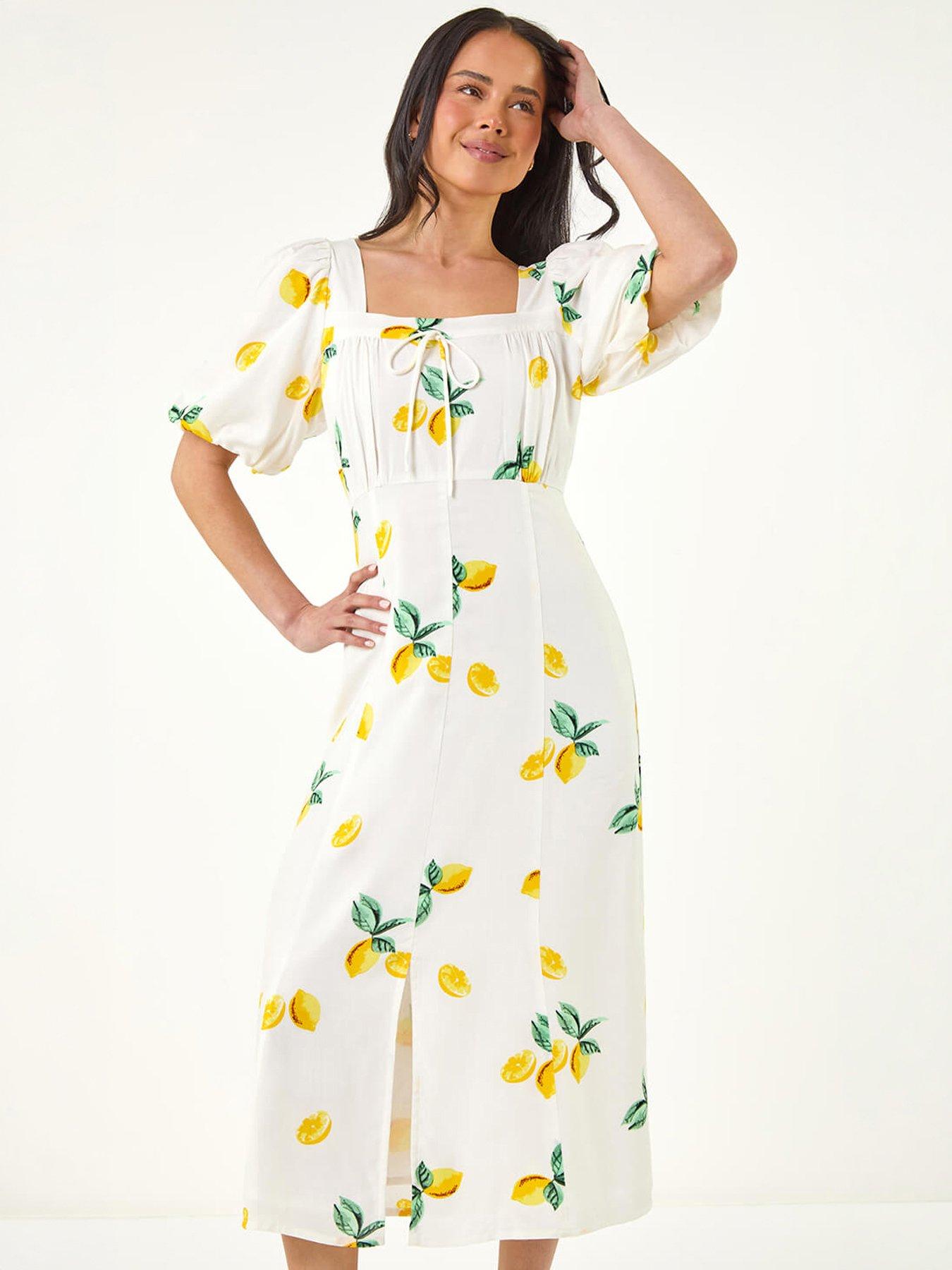 Image 1 of 5 of Roman Petite Lemon Print Midi Dress
