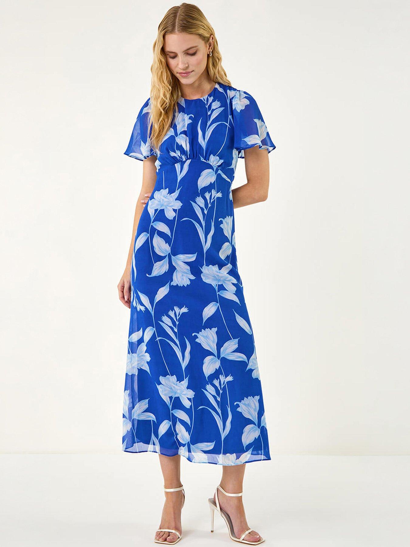 Roman Floral Print Flutter Sleeve Midi Dress