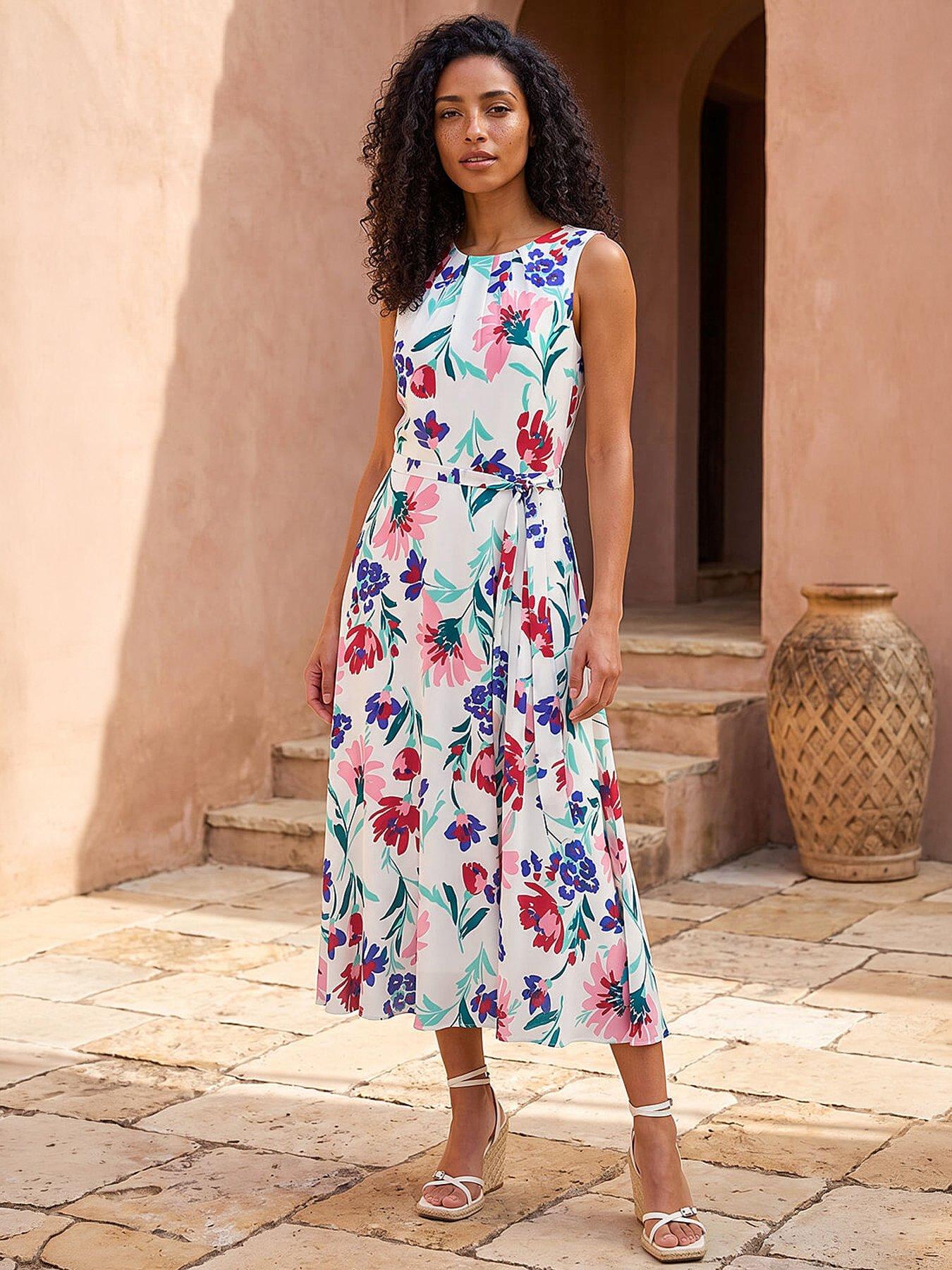 Roman Pleat Neck Floral Midi Dress