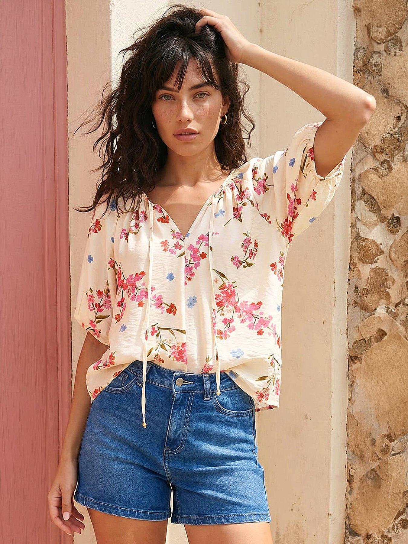 Roman Floral Print Tie Front Top