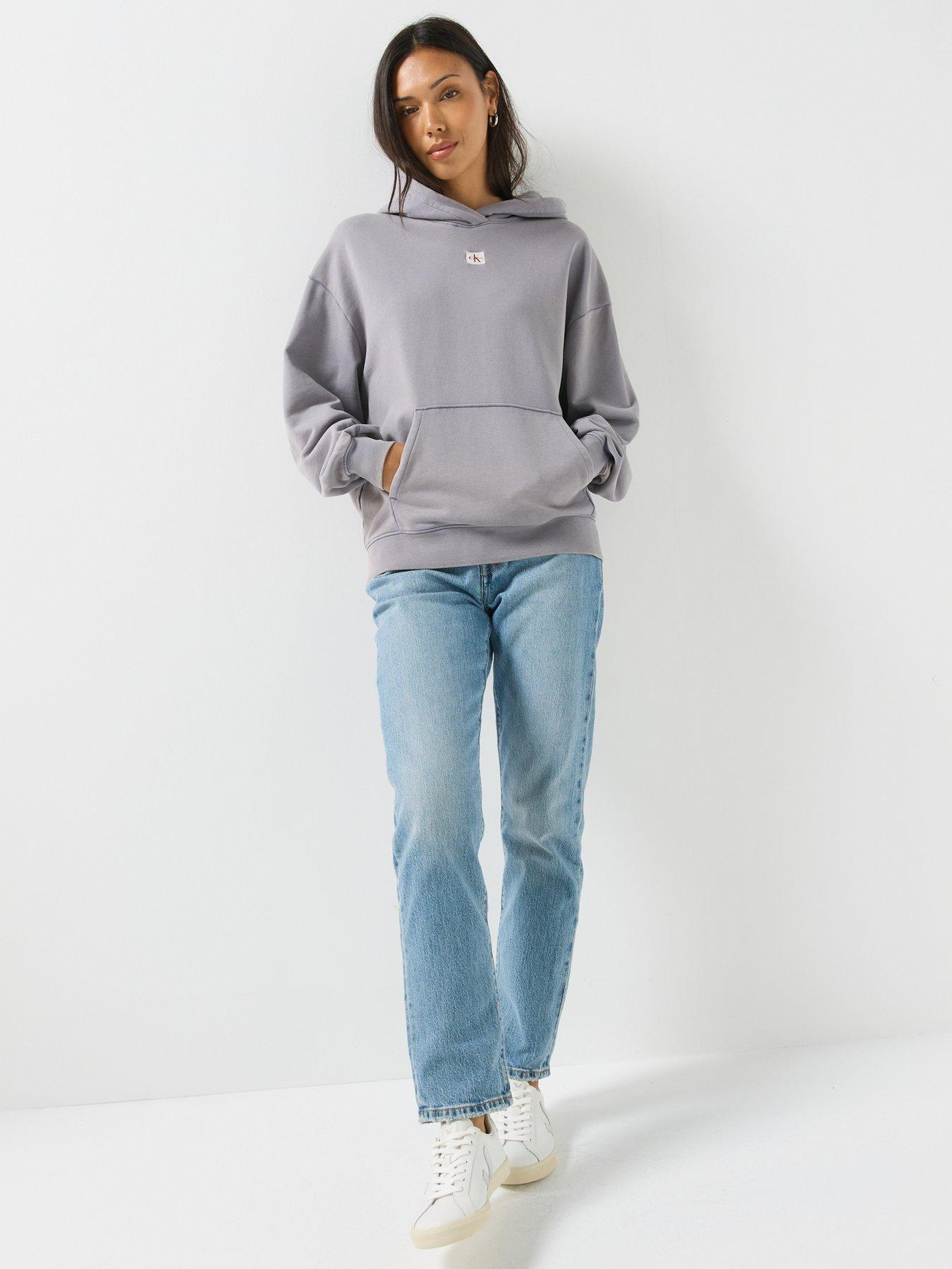 Image 3 of 6 of Calvin Klein Jeans Long Sleeve Woven Label Terry Pullover Hoodie - Grey