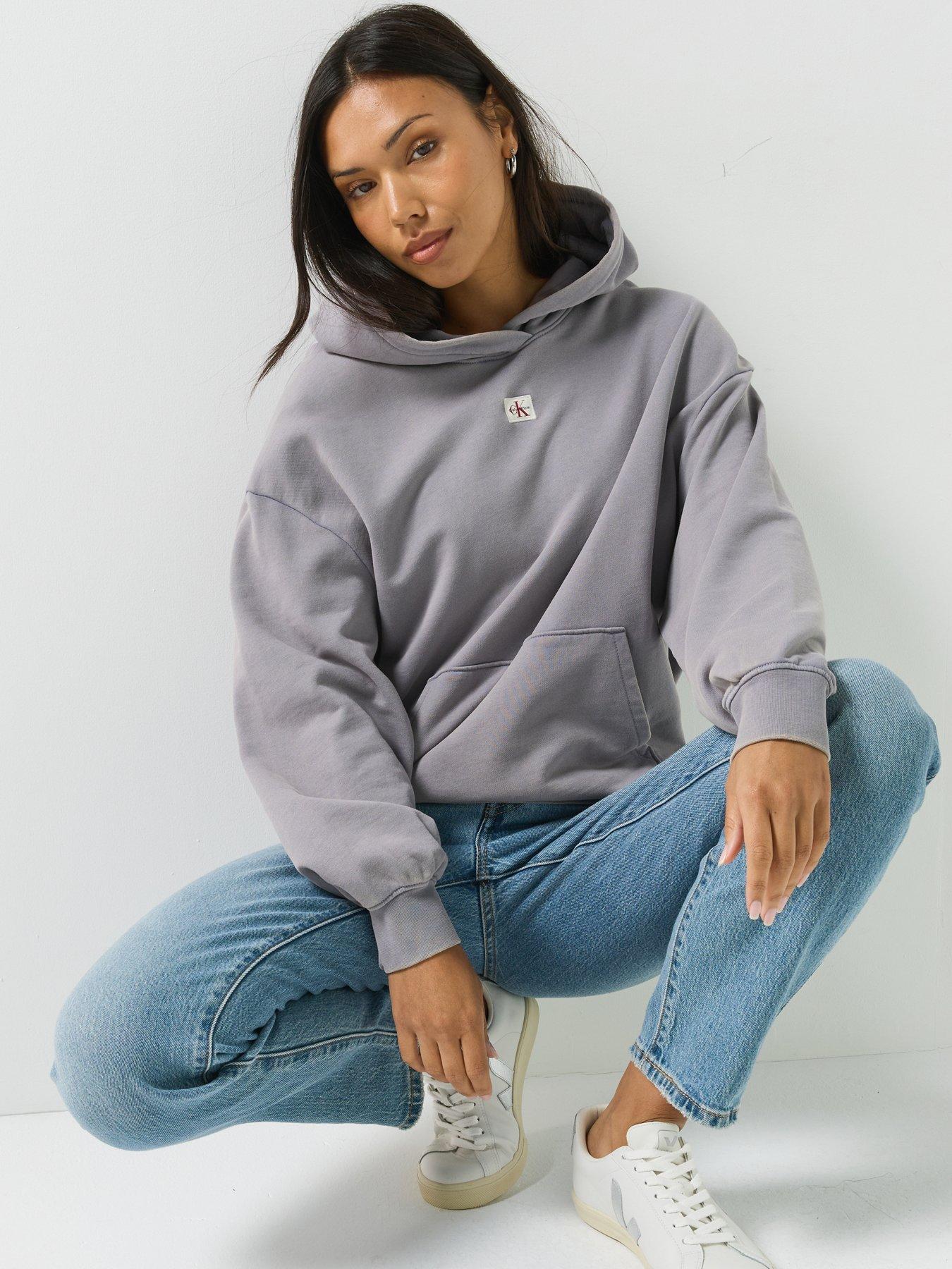 Image 4 of 6 of Calvin Klein Jeans Long Sleeve Woven Label Terry Pullover Hoodie - Grey