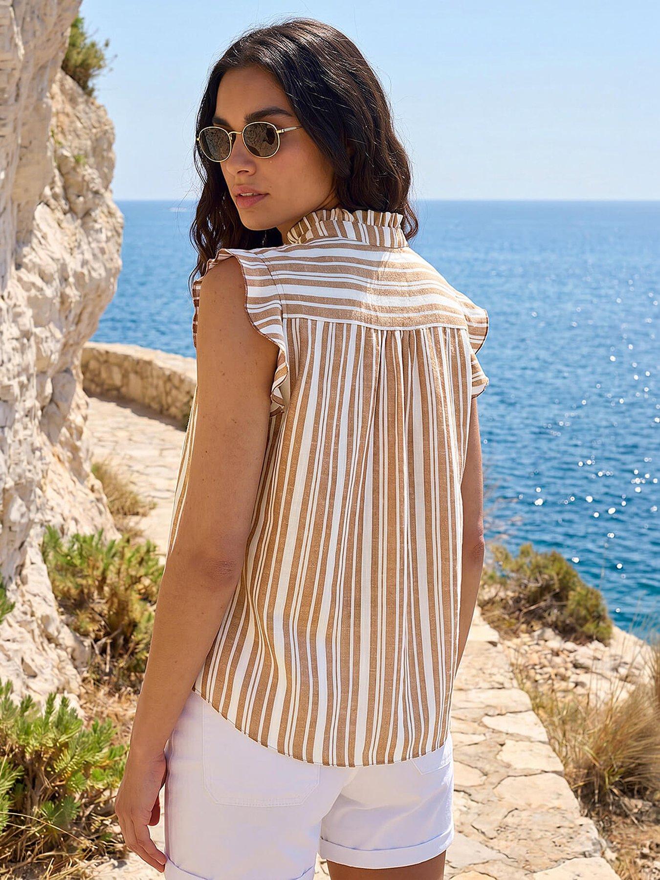 Image 2 of 5 of Roman Stripe Print Frill Sleeve Blouse