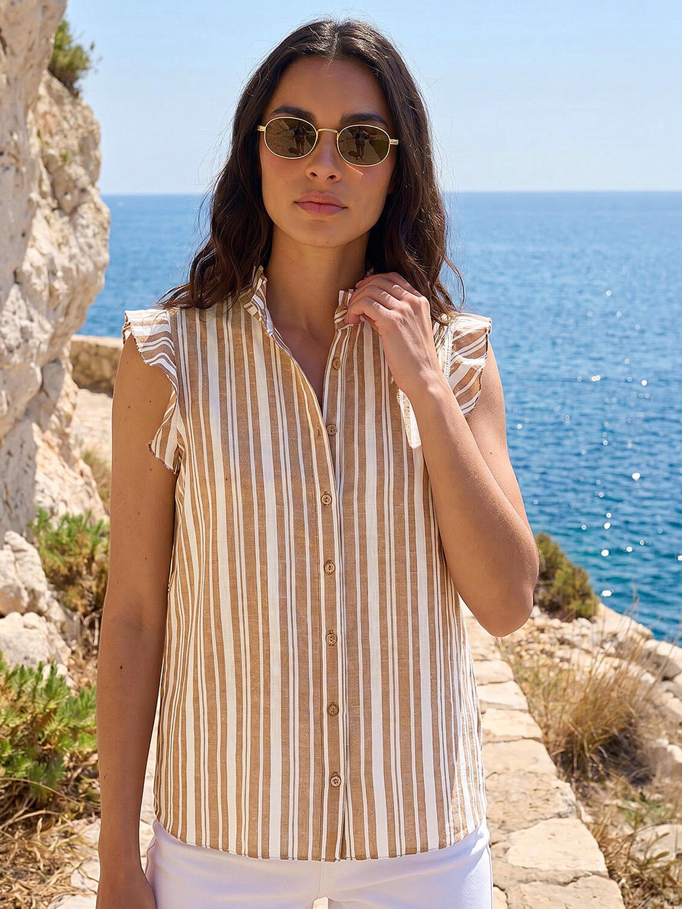 Image 3 of 5 of Roman Stripe Print Frill Sleeve Blouse