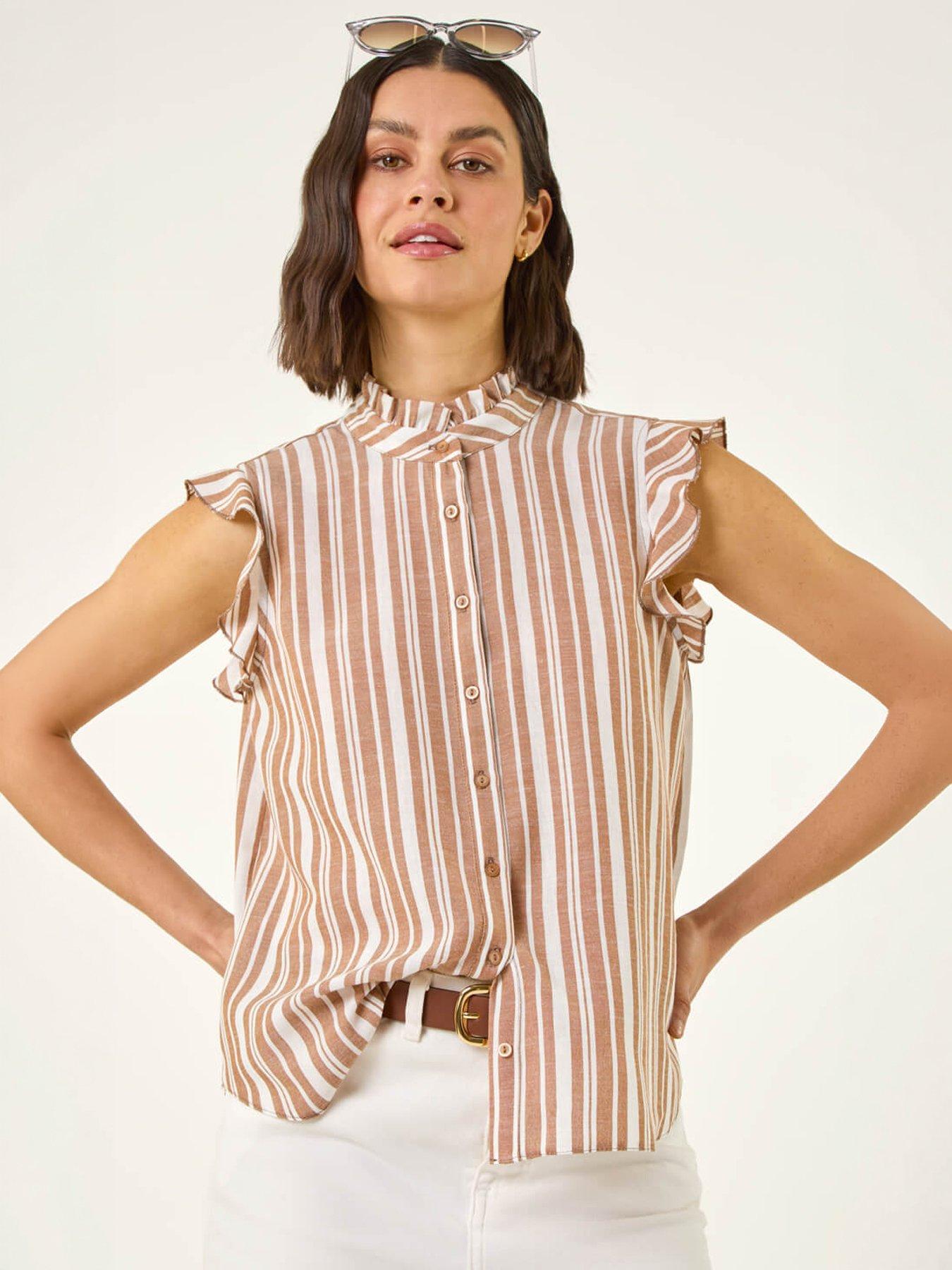 Image 5 of 5 of Roman Stripe Print Frill Sleeve Blouse