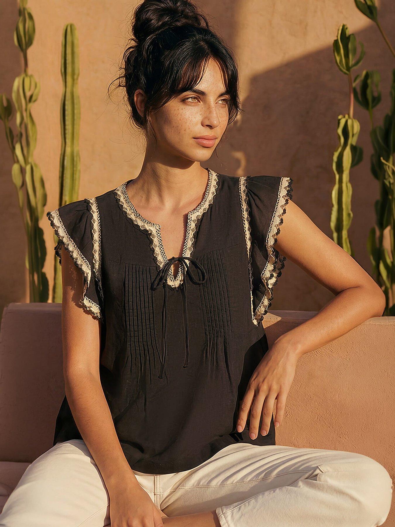 Roman Dusk Notch Neck Frill Blouse