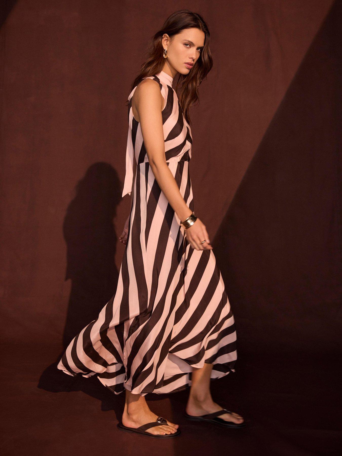 Mint Velvet Pink Stripe Halter Maxi Dress - Brown