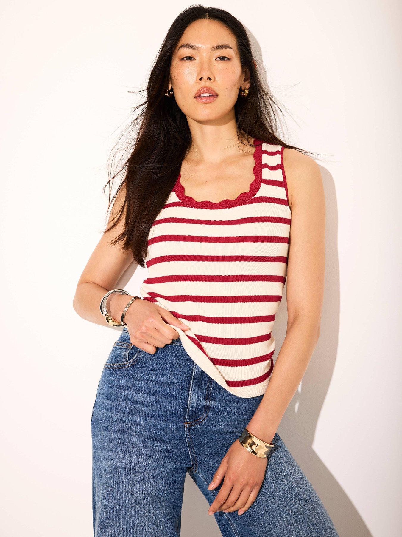 Mint Velvet Stripe Scallop Vest - Red