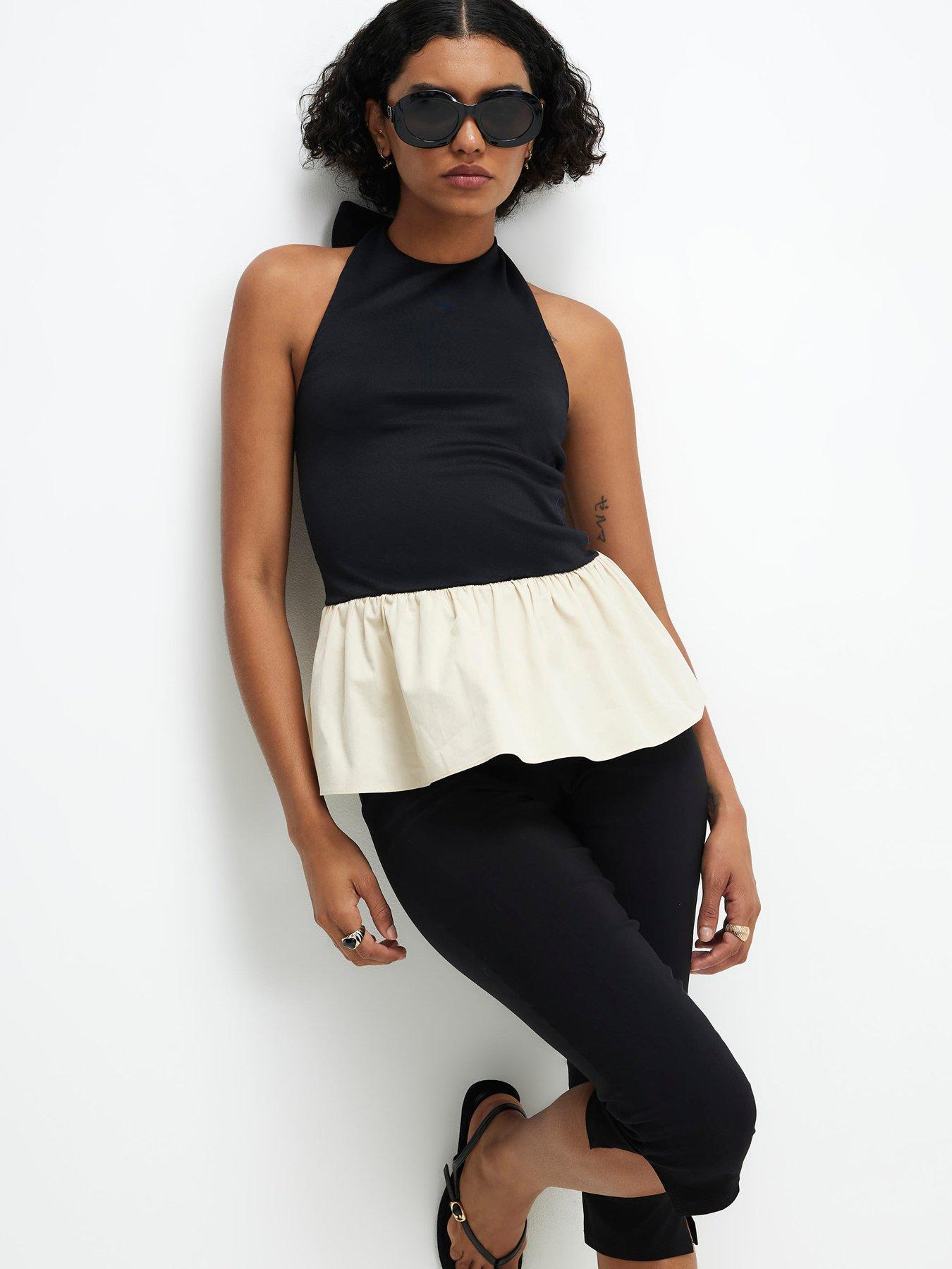 River Island Racer Neck Hybrid Peplum Top - Black