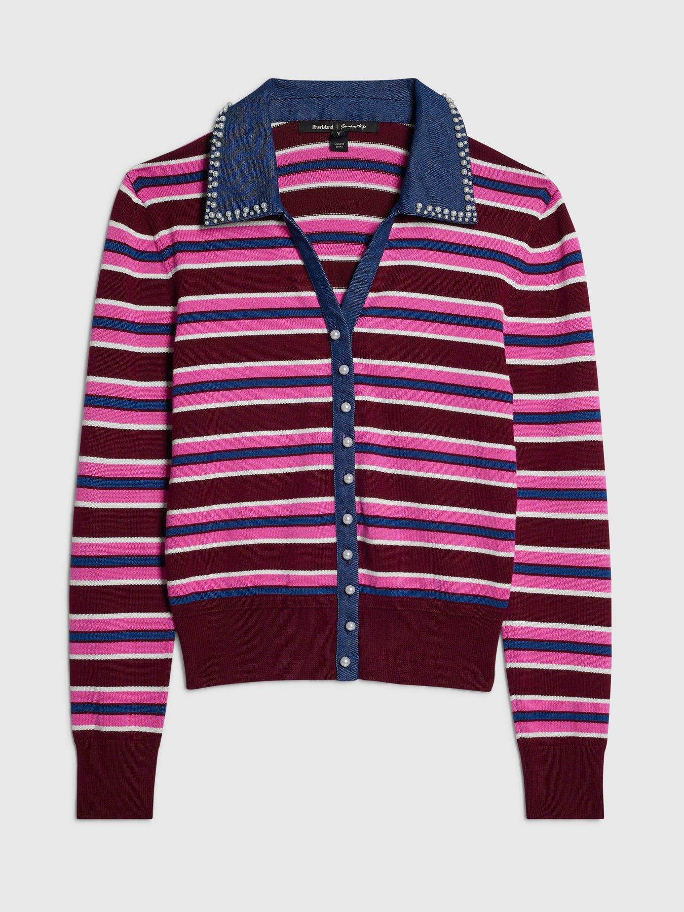 Image 5 of 6 of River Island Womens Stripe Denim-Trim Button-Through Jumper - Purple