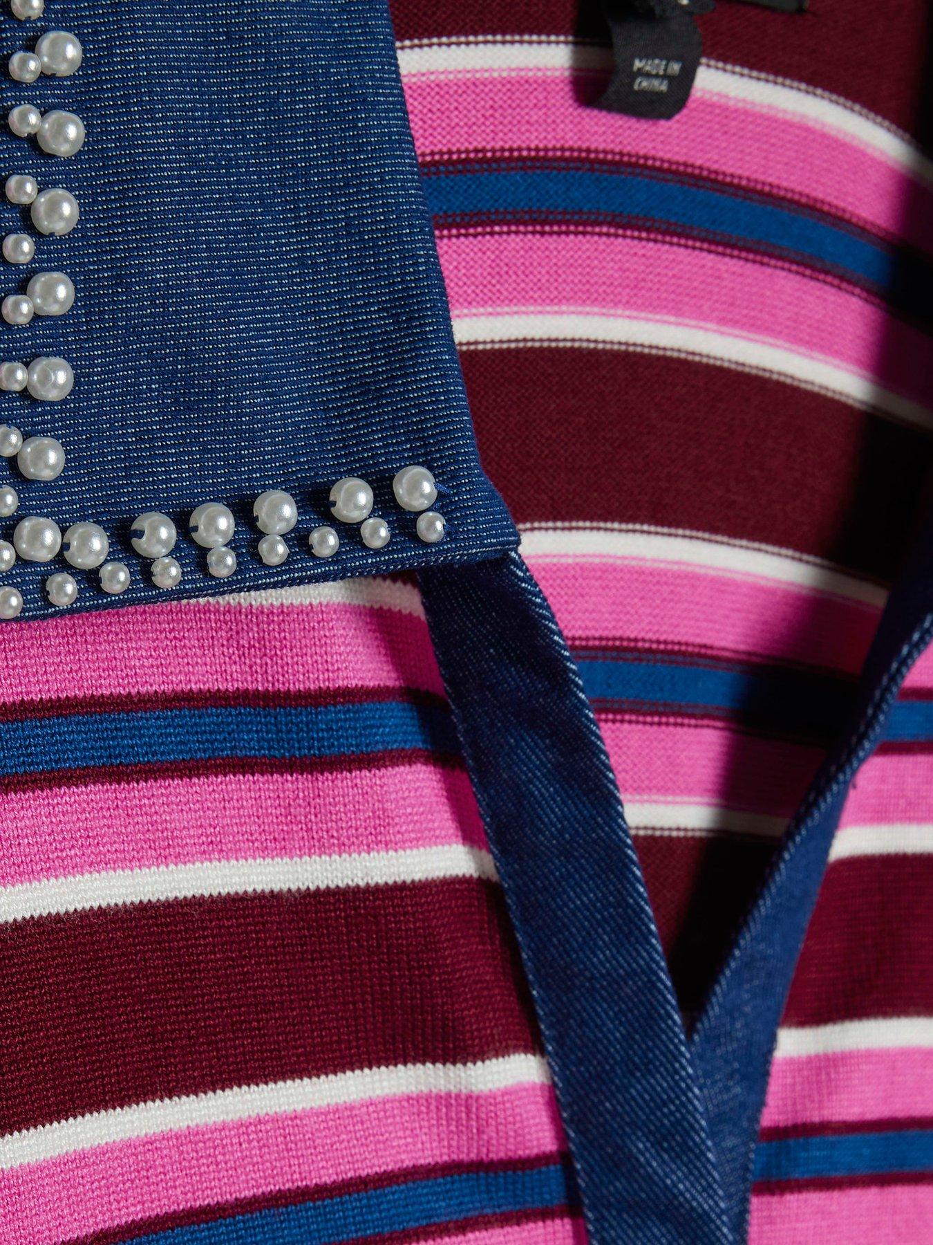 Image 6 of 6 of River Island Womens Stripe Denim-Trim Button-Through Jumper - Purple