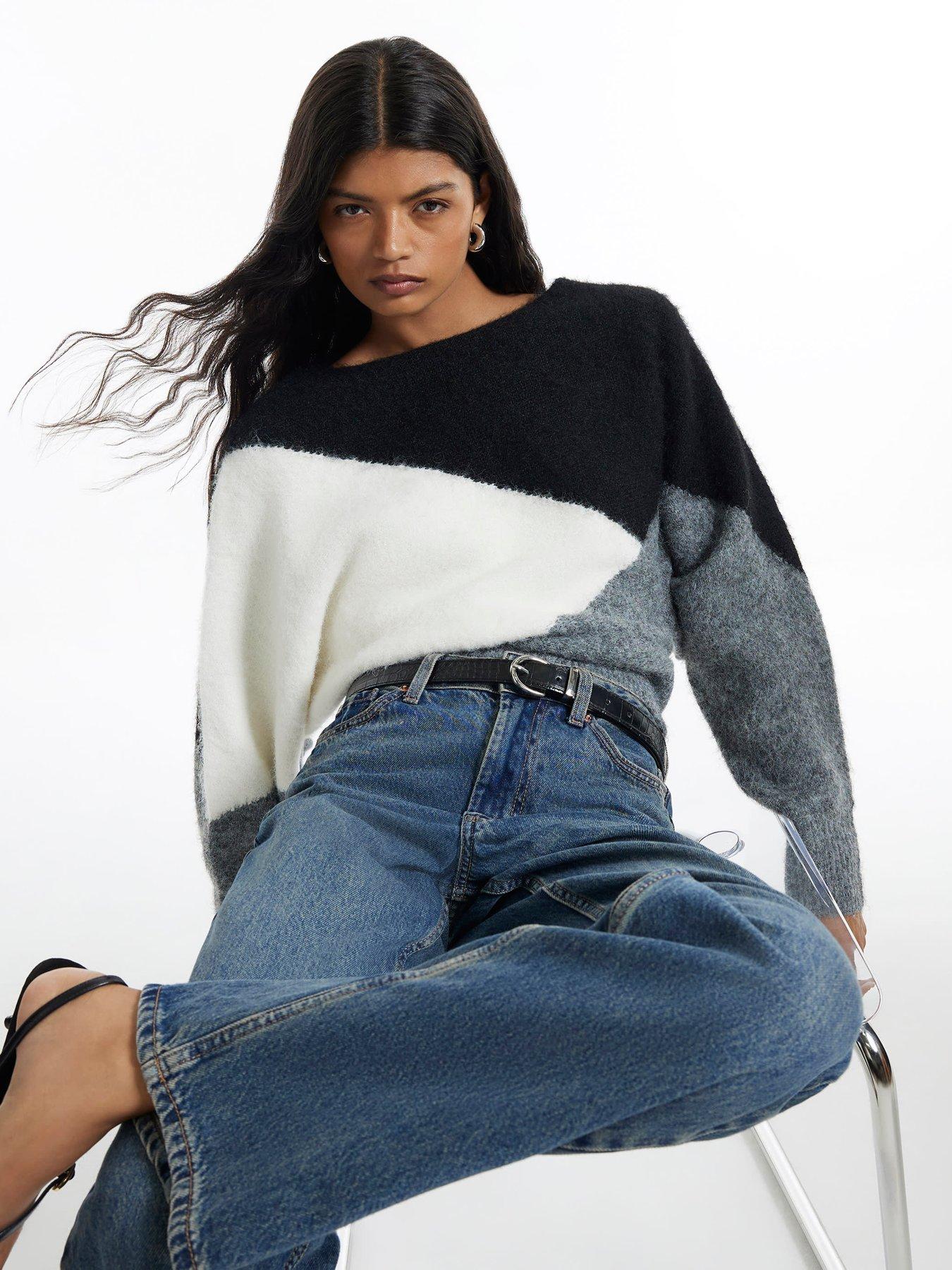 Image 1 of 6 of River Island Colour Block Batwing Long Sleeve Jumper - Black