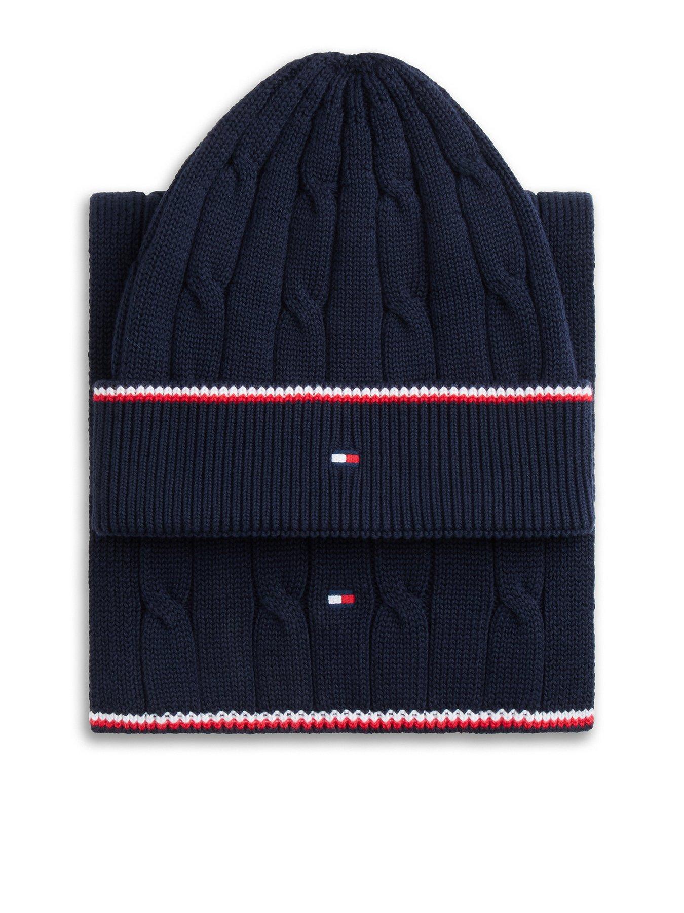Image 1 of 4 of Tommy Hilfiger KKids Essentials Cable Knit Beanie And Scarf Set - Dark Blue