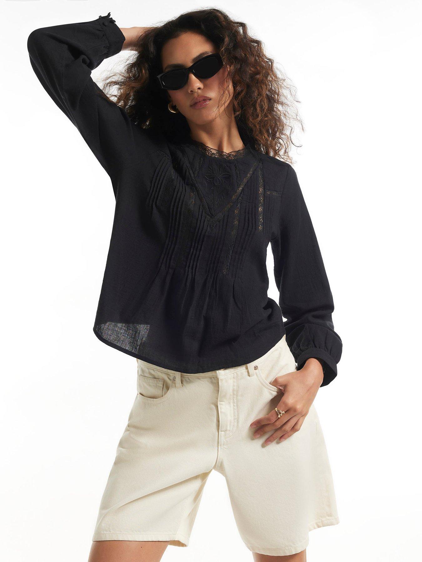 River Island Womens Victoriana Lace Pleated Long Sleeve Blouse - Black
