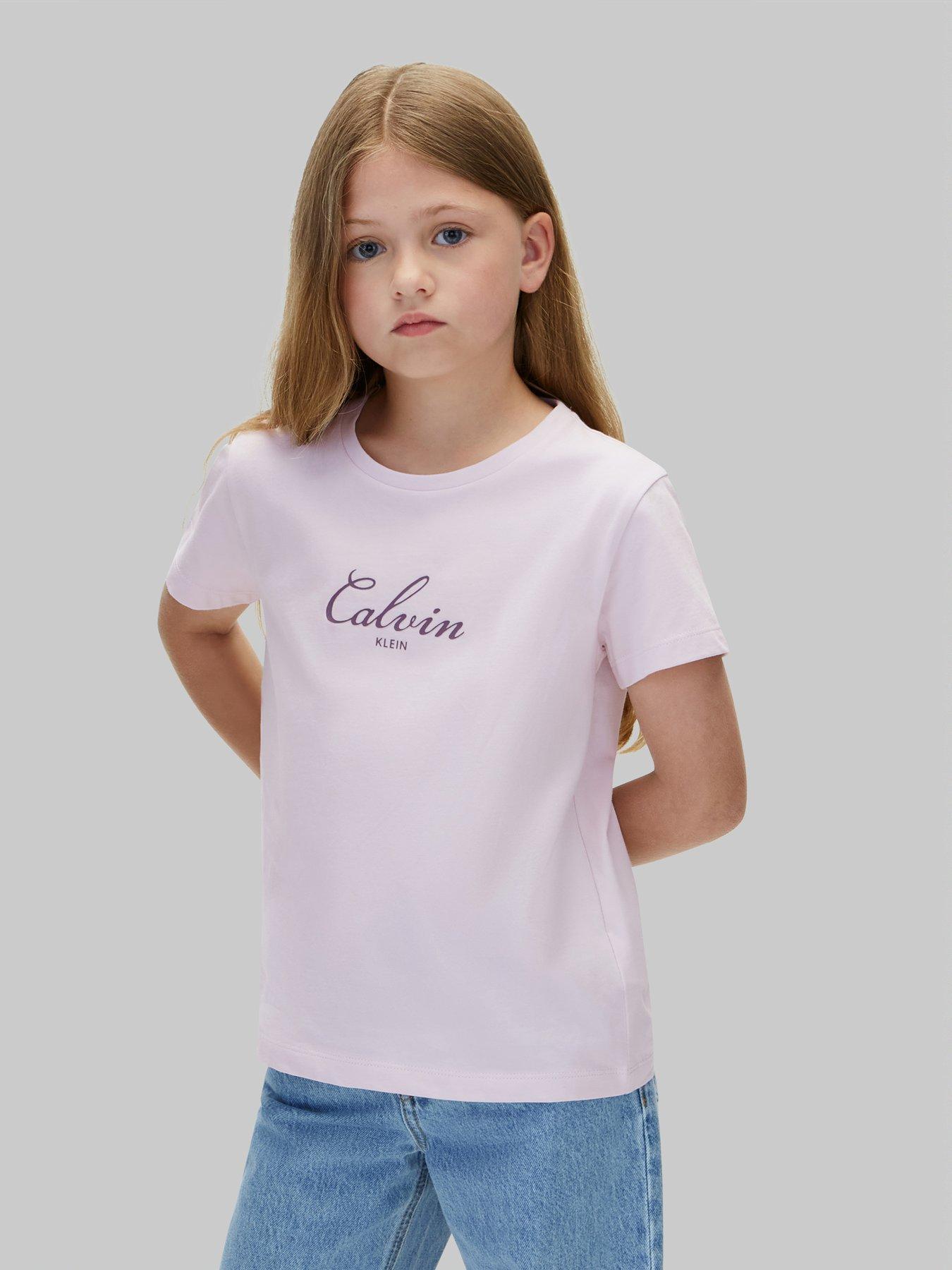 Calvin Klein Jeans Girls Script Logo Short Sleeve T-Shirt - Light Purple