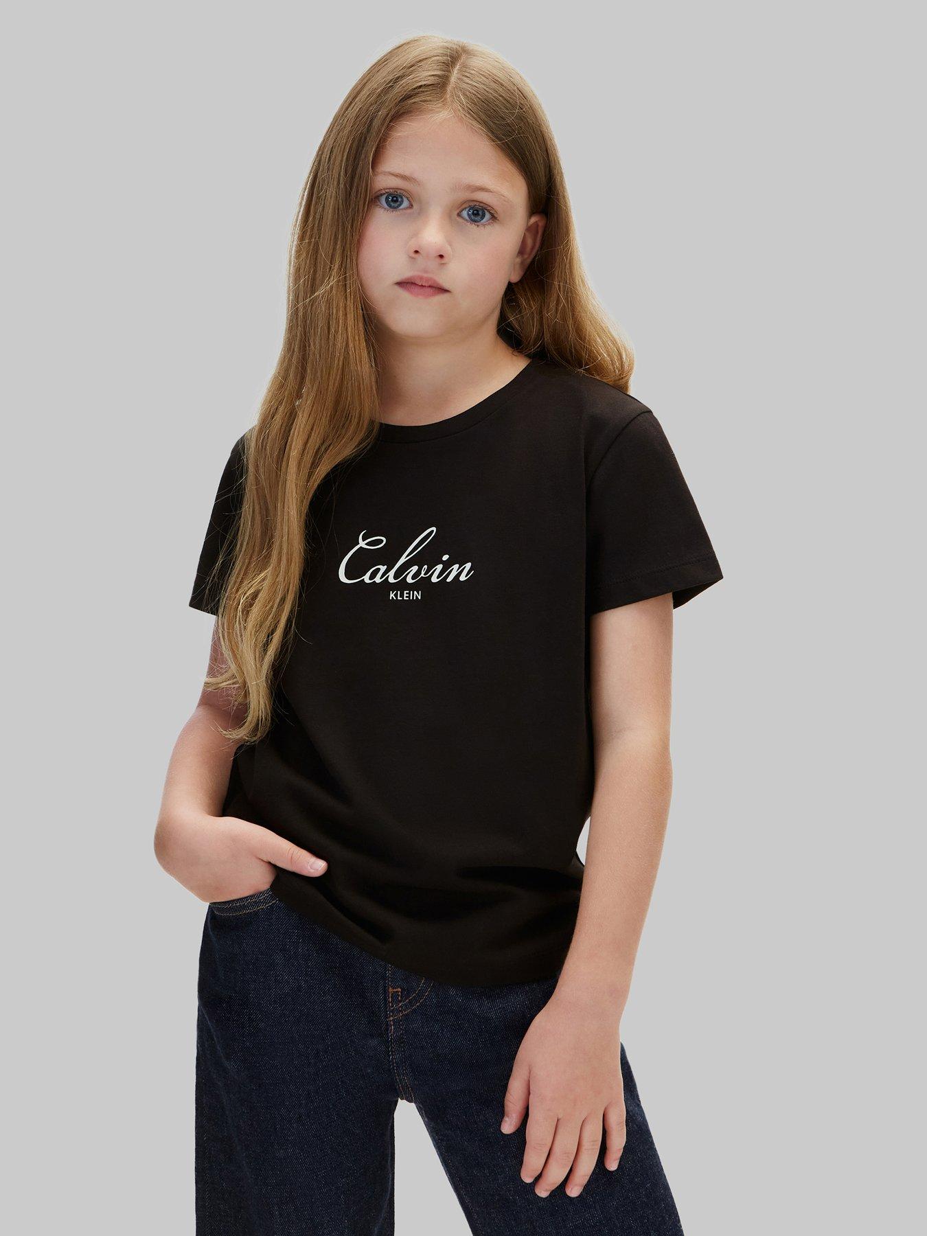 Image 1 of 5 of Calvin Klein Jeans Girls Script Logo Short Sleeve T-Shirt - Black