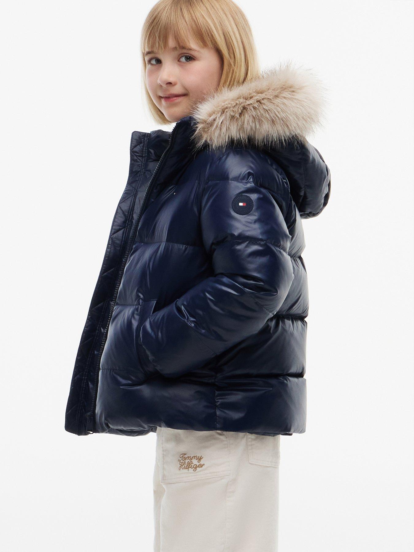 Image 4 of 6 of Tommy Hilfiger Girls Padded Faux-Fur Hood Full-Zip Jacket - Dark Blue