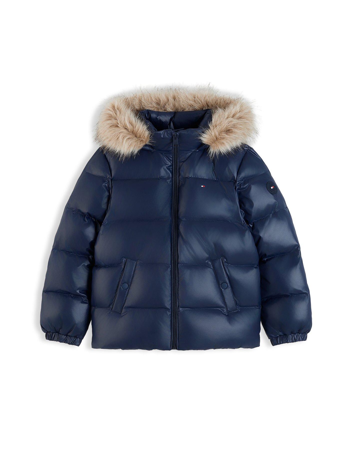 Image 6 of 6 of Tommy Hilfiger Girls Padded Faux-Fur Hood Full-Zip Jacket - Dark Blue