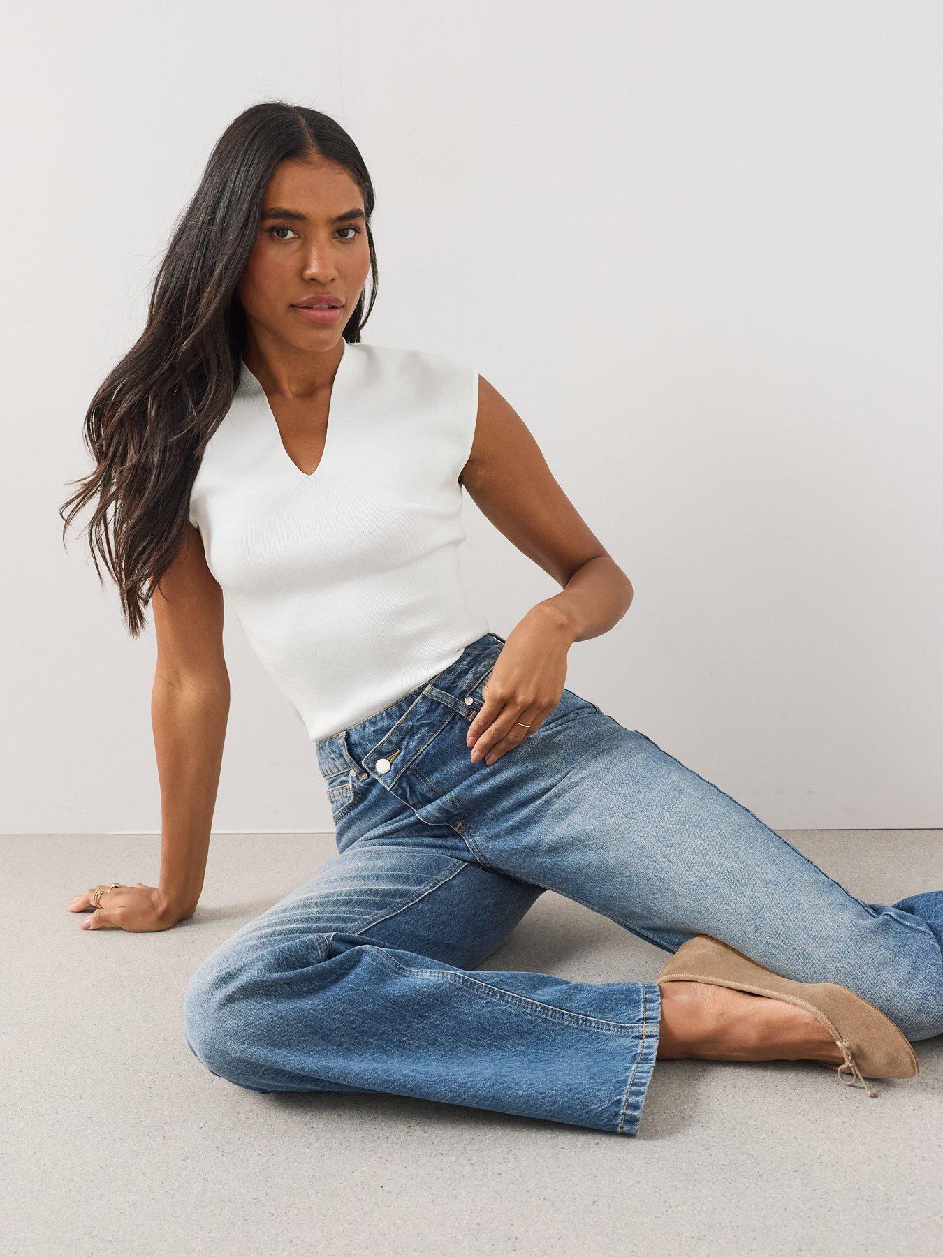 Image 6 of 7 of The Very Collection Wrap Front Slim Fit Wide Leg Jeans - Mid Wash