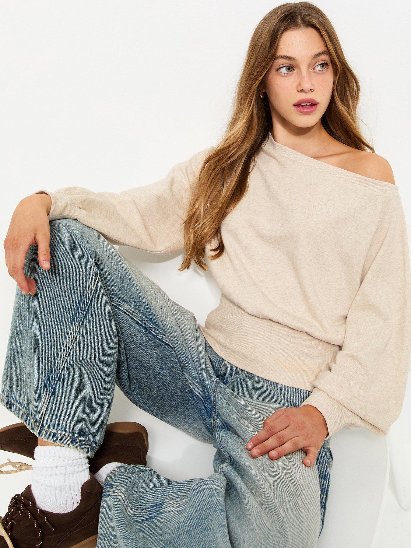 New Look 915 Girls Cotton Rich Off The Shoulder Sweatshirt - Beige