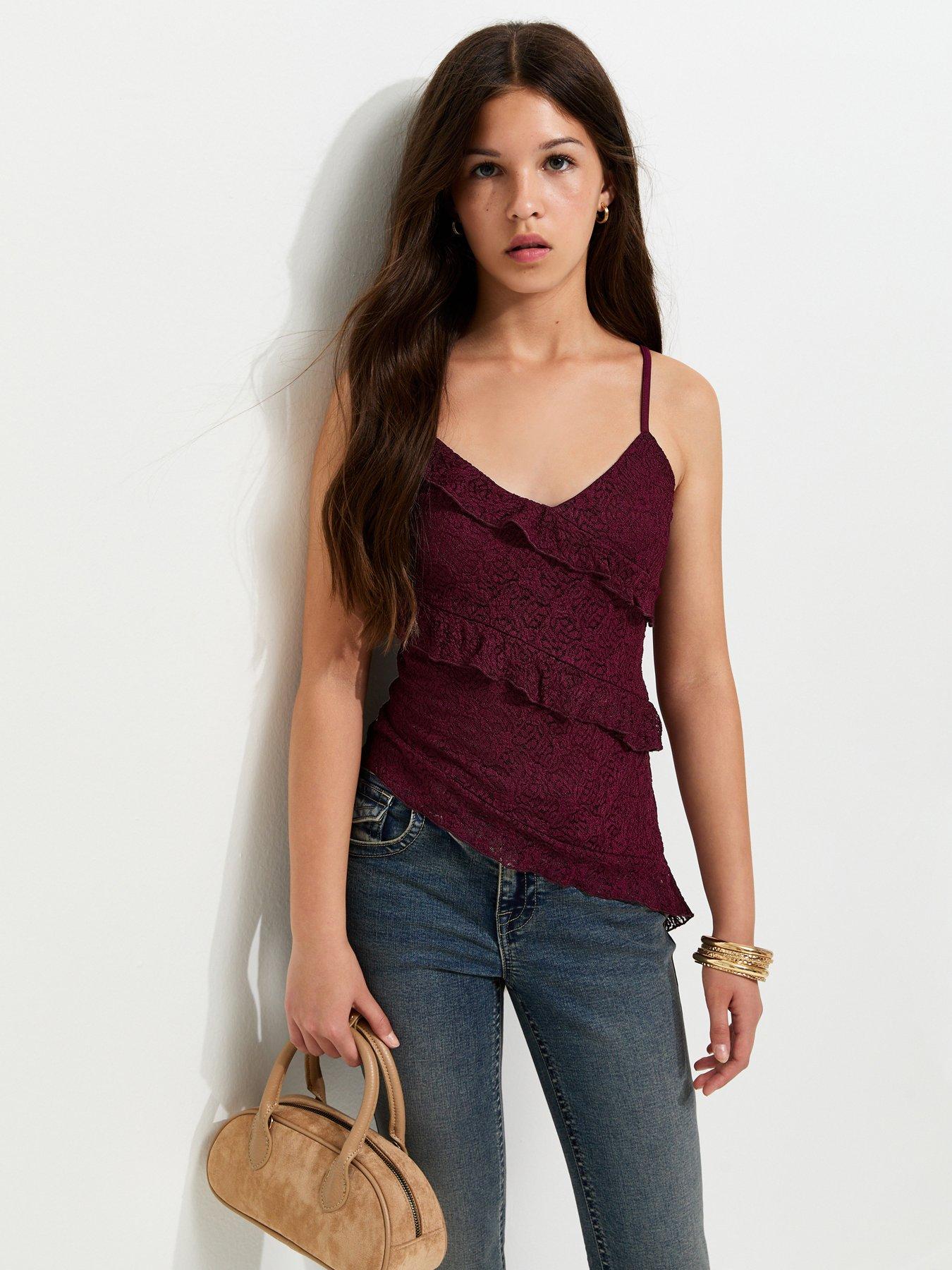 Image 1 of 4 of New Look 915 Girls Ruffle Trim Asymmetric Lace Cami Top - Red
