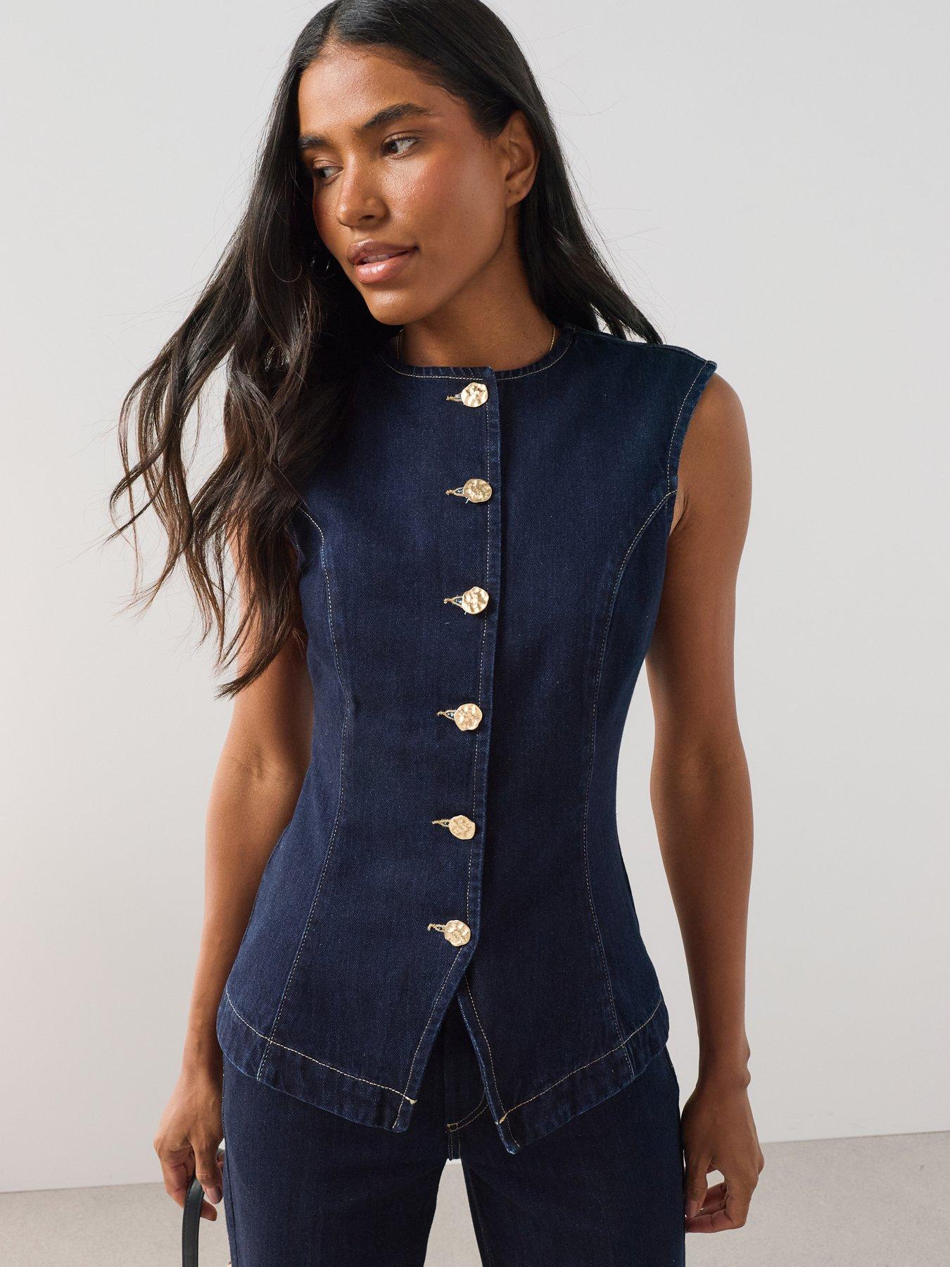 Image 1 of 6 of The Very Collection Seam Details Longline Co-Ord Wasitcoat - Dark Wash