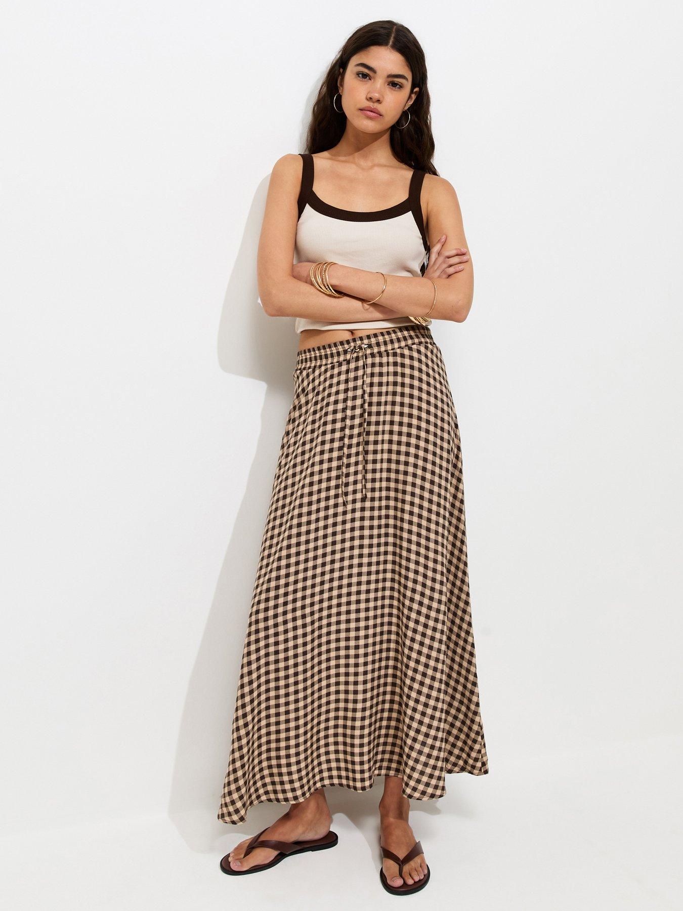 Image 1 of 4 of New Look Gingham Print Circle Maxi Skirt - Brown