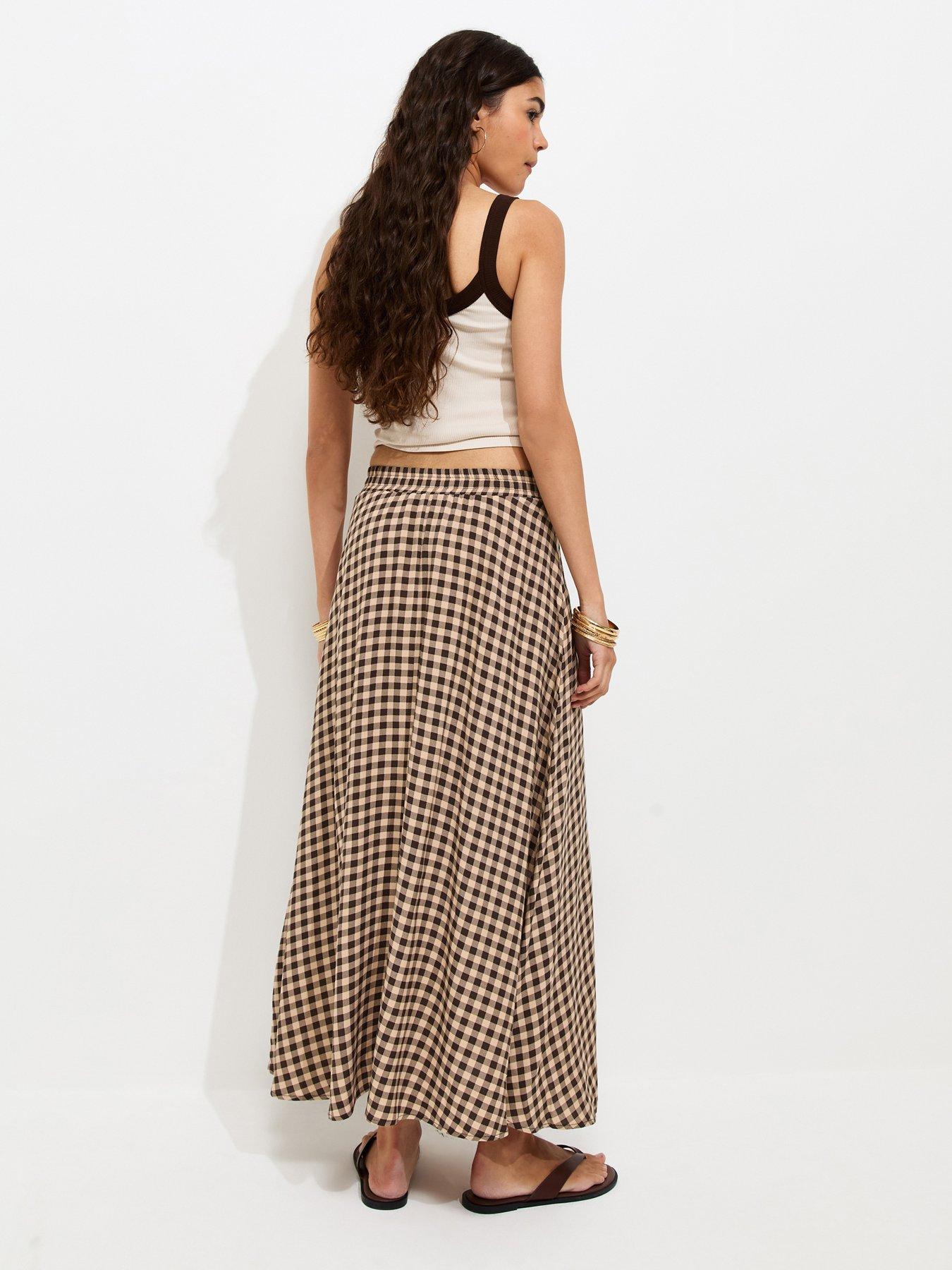 Image 2 of 4 of New Look Gingham Print Circle Maxi Skirt - Brown