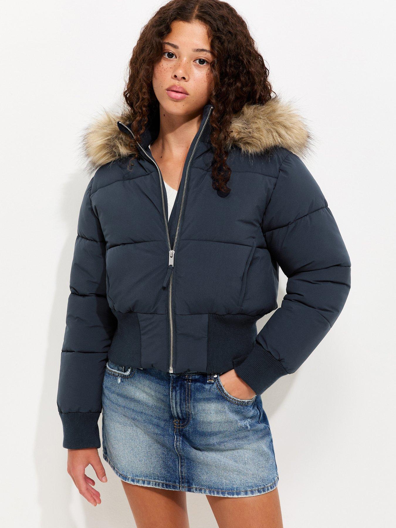 Image 1 of 7 of New Look 915 Girls Faux Fur Hood Ribbed Cuffs Puffer Jacket - Navy