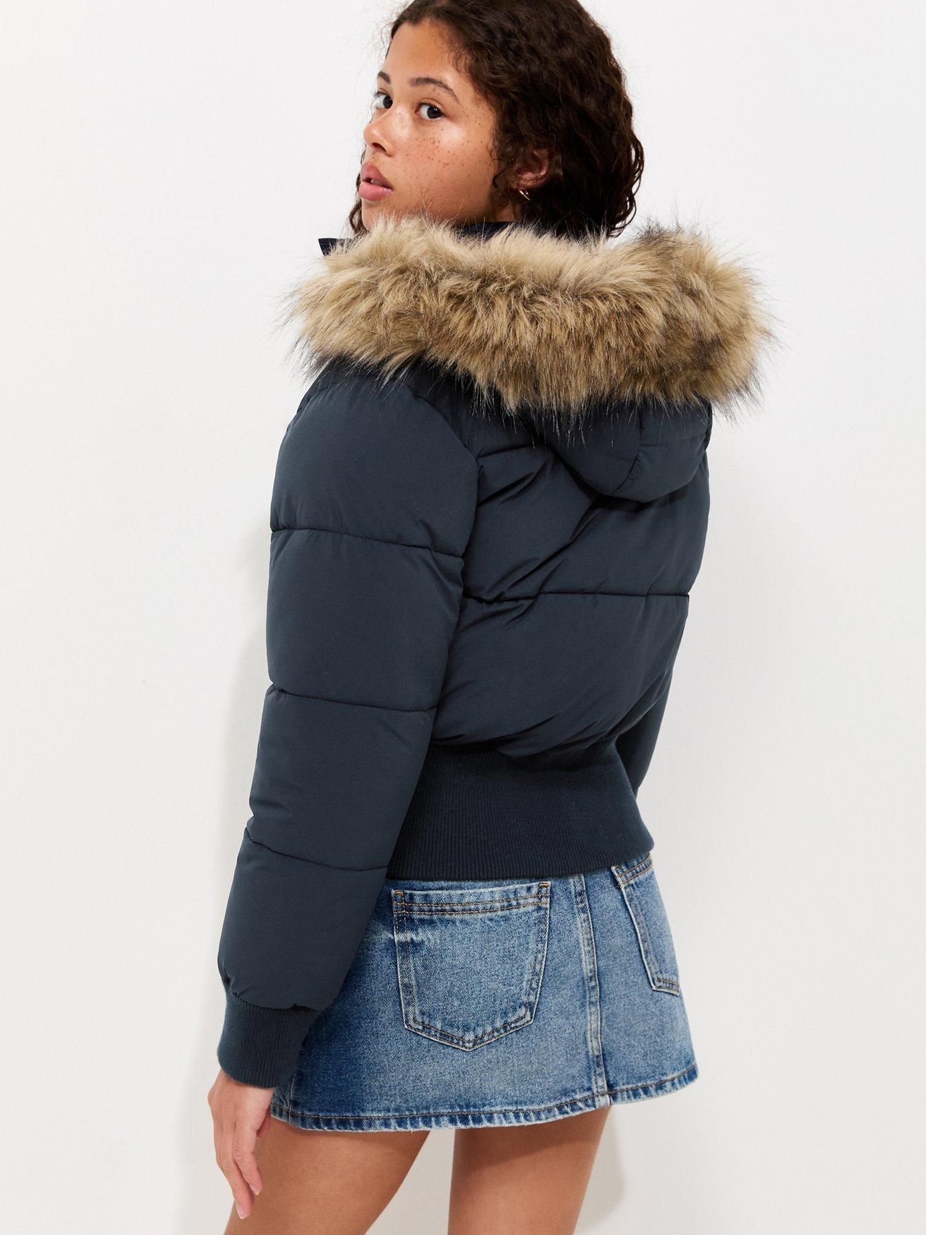 Image 2 of 7 of New Look 915 Girls Faux Fur Hood Ribbed Cuffs Puffer Jacket - Navy