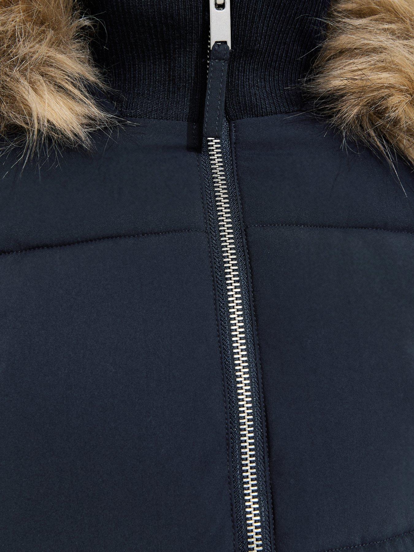 Image 6 of 7 of New Look 915 Girls Faux Fur Hood Ribbed Cuffs Puffer Jacket - Navy