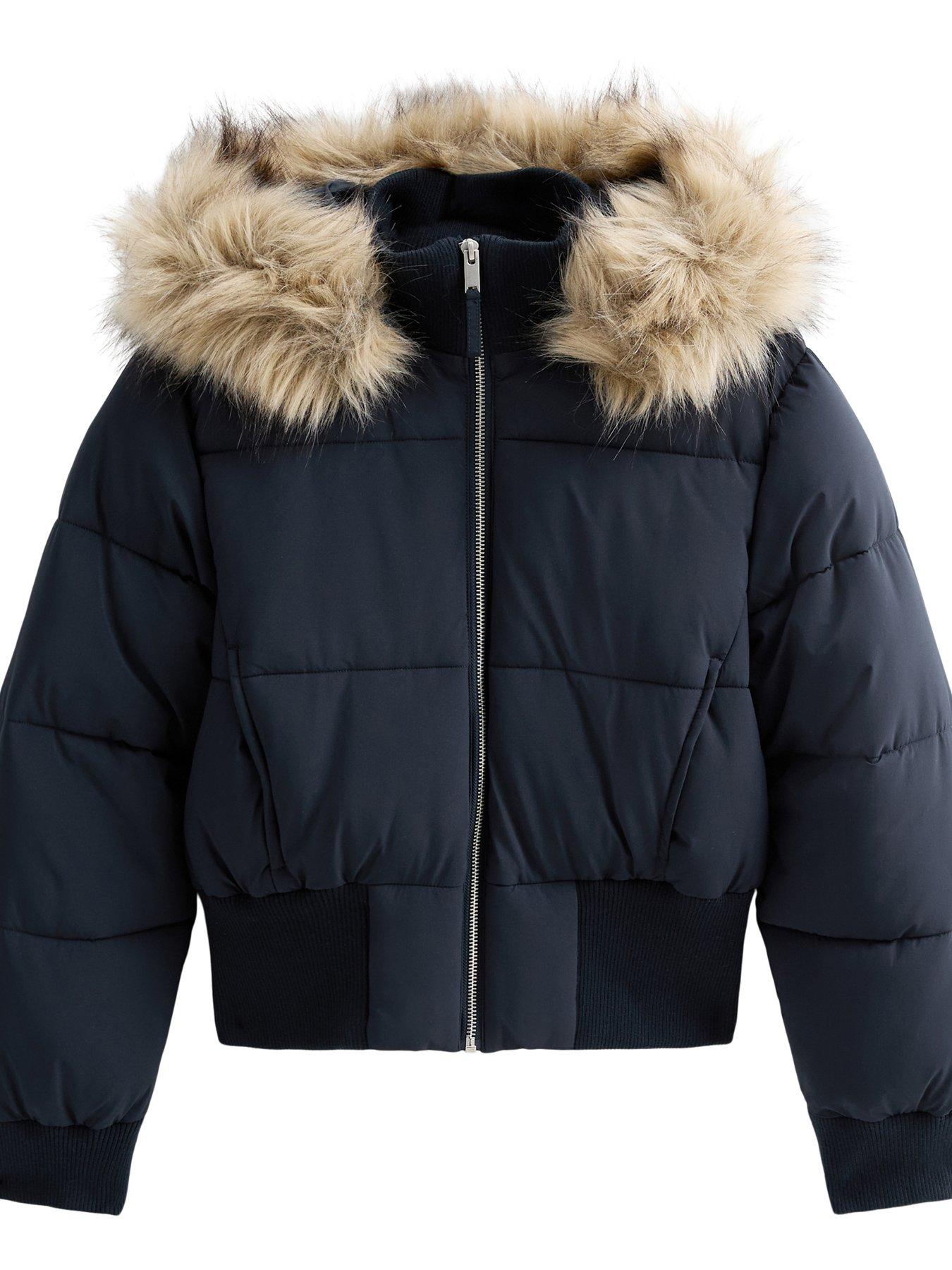 Image 7 of 7 of New Look 915 Girls Faux Fur Hood Ribbed Cuffs Puffer Jacket - Navy
