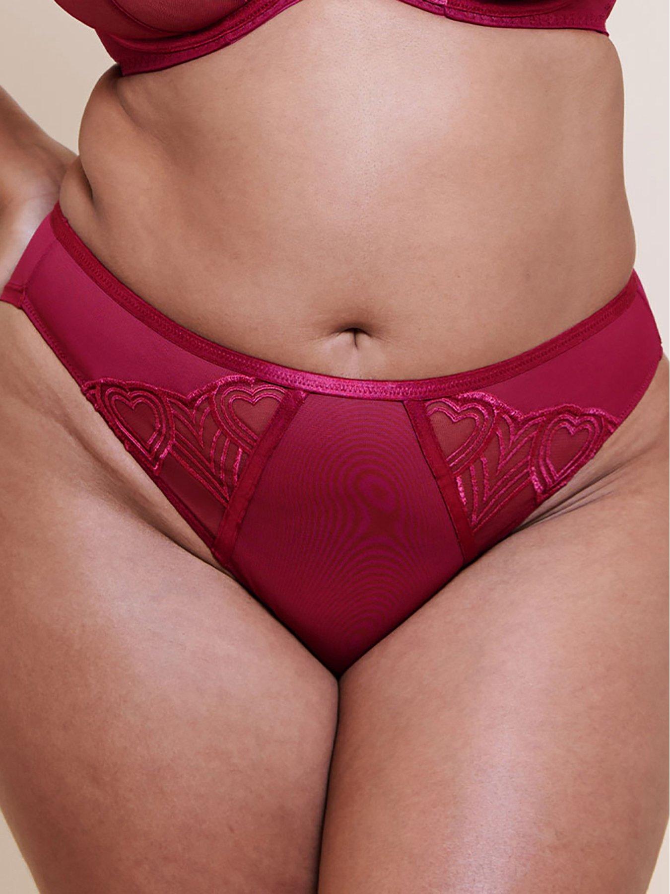 Image 1 of 6 of Curvy Kate Womens Heartstopper Heart Embroidery Sheer Mesh Tanga Briefs - Sangria