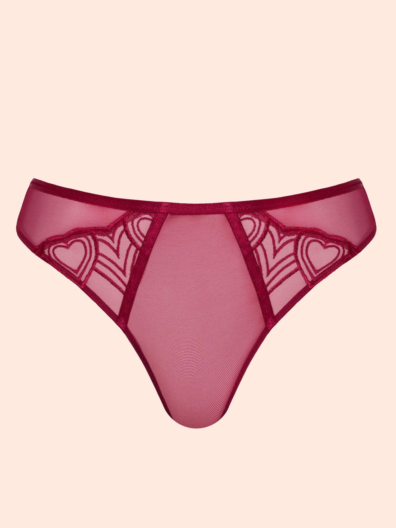 Image 6 of 6 of Curvy Kate Womens Heartstopper Heart Embroidery Sheer Mesh Tanga Briefs - Sangria