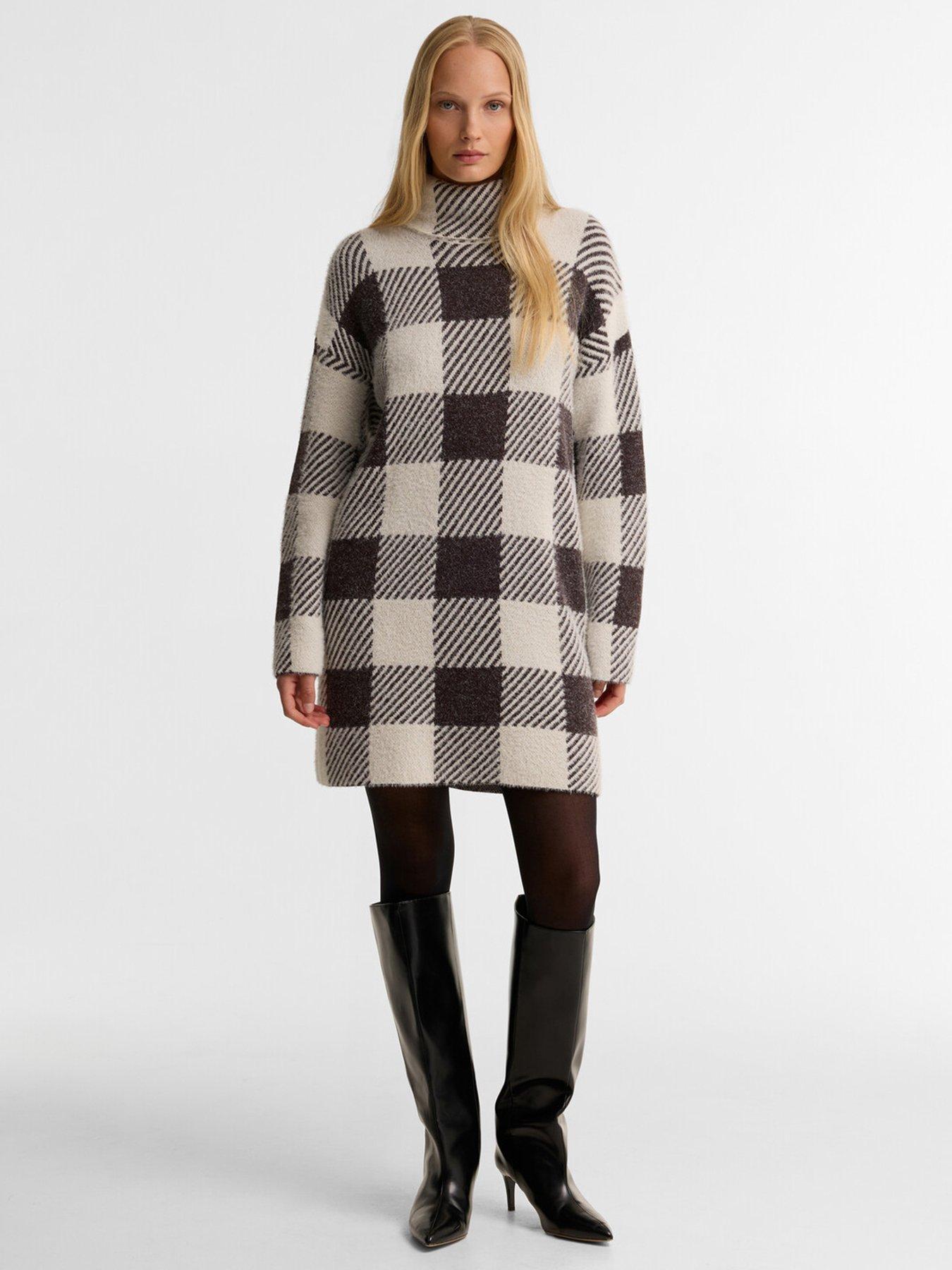 Image 1 of 5 of Barbour International Womens Check Roll Neck Long Sleeve Mini Dress - Brown