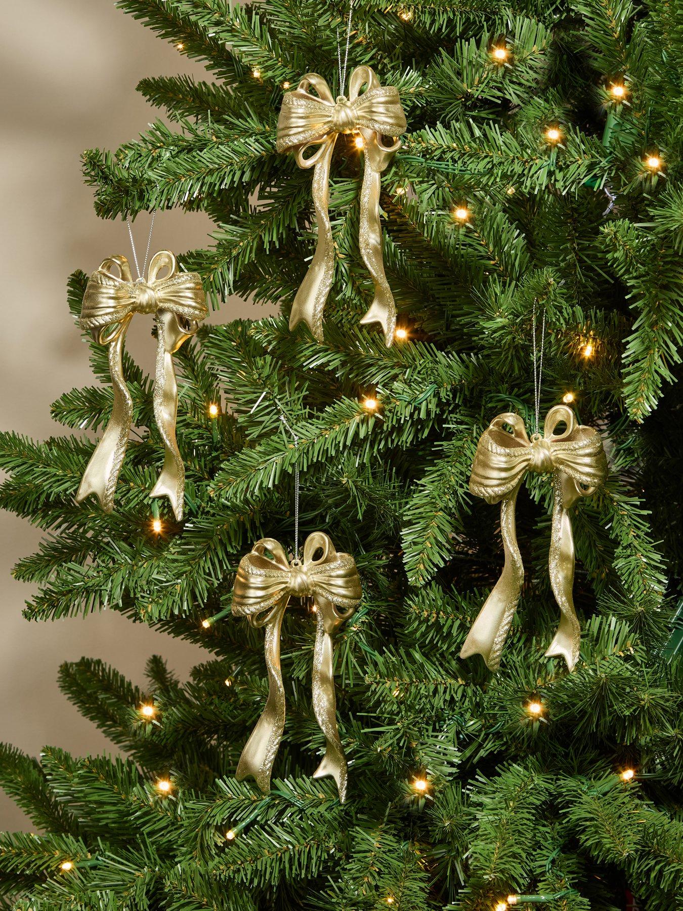 Festive Pack of 4 Champagne Gold Glitter Bow Christmas Tree Baubles -18cm