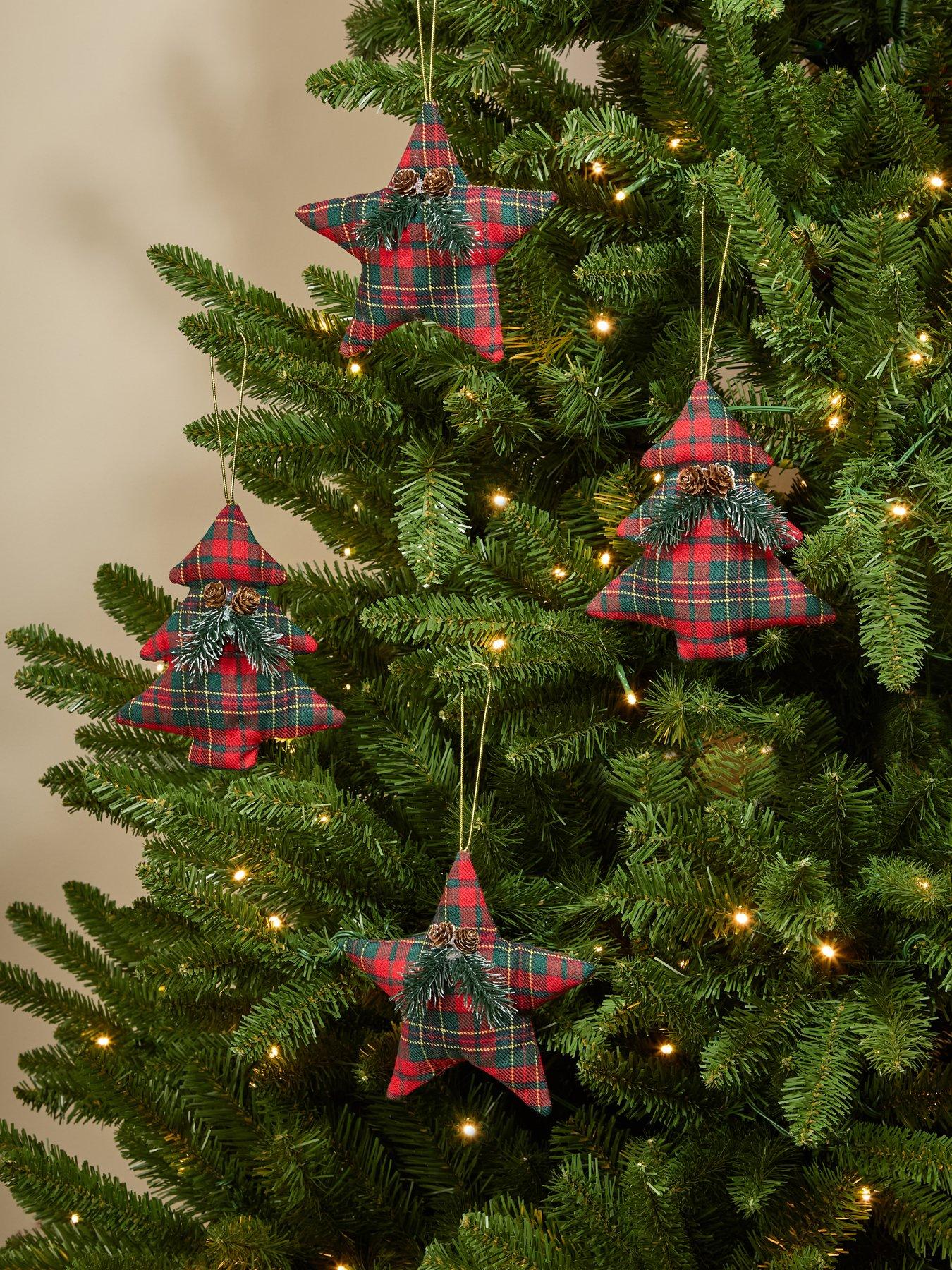 Festive Pack of 4 Tartan Christmas Star and Tree Baubles