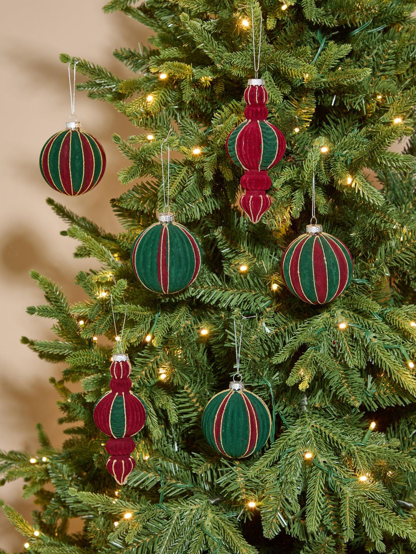 Festive Pack of 6 Flocked Red/Green Glass Christmas Tree Baubles
