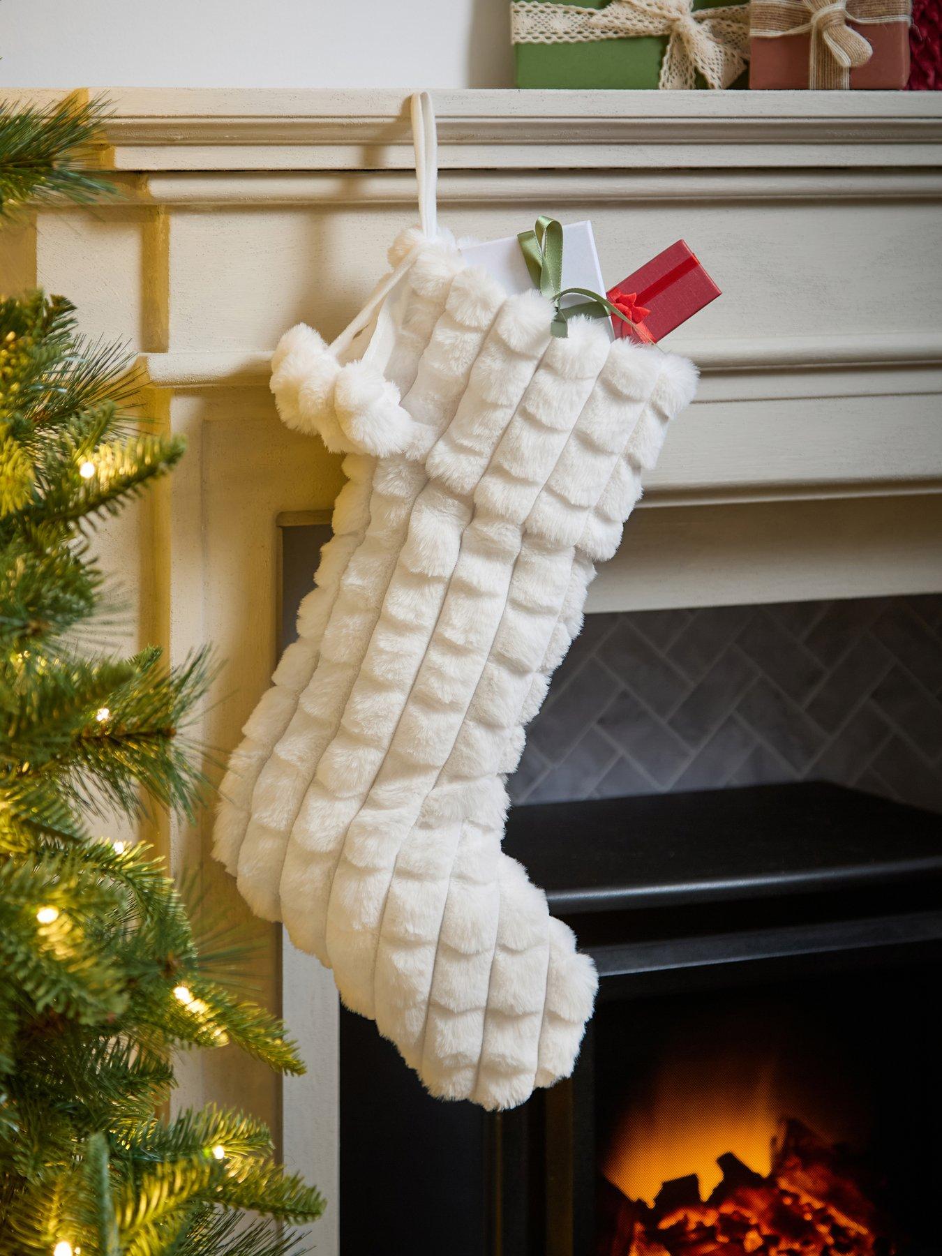 Festive White Faux Fur Christmas Stocking with Pompoms - 46 cm