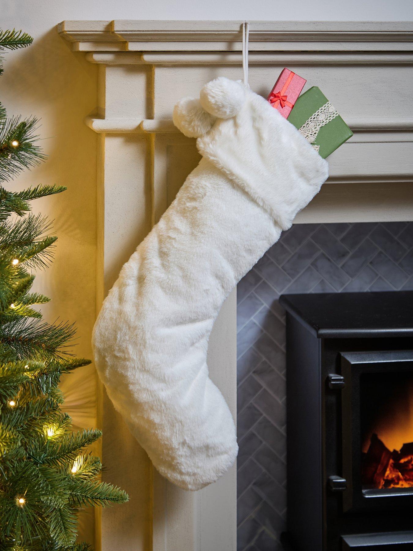 Festive White Faux Fur Christmas Stocking with Pom Poms - 56 cm