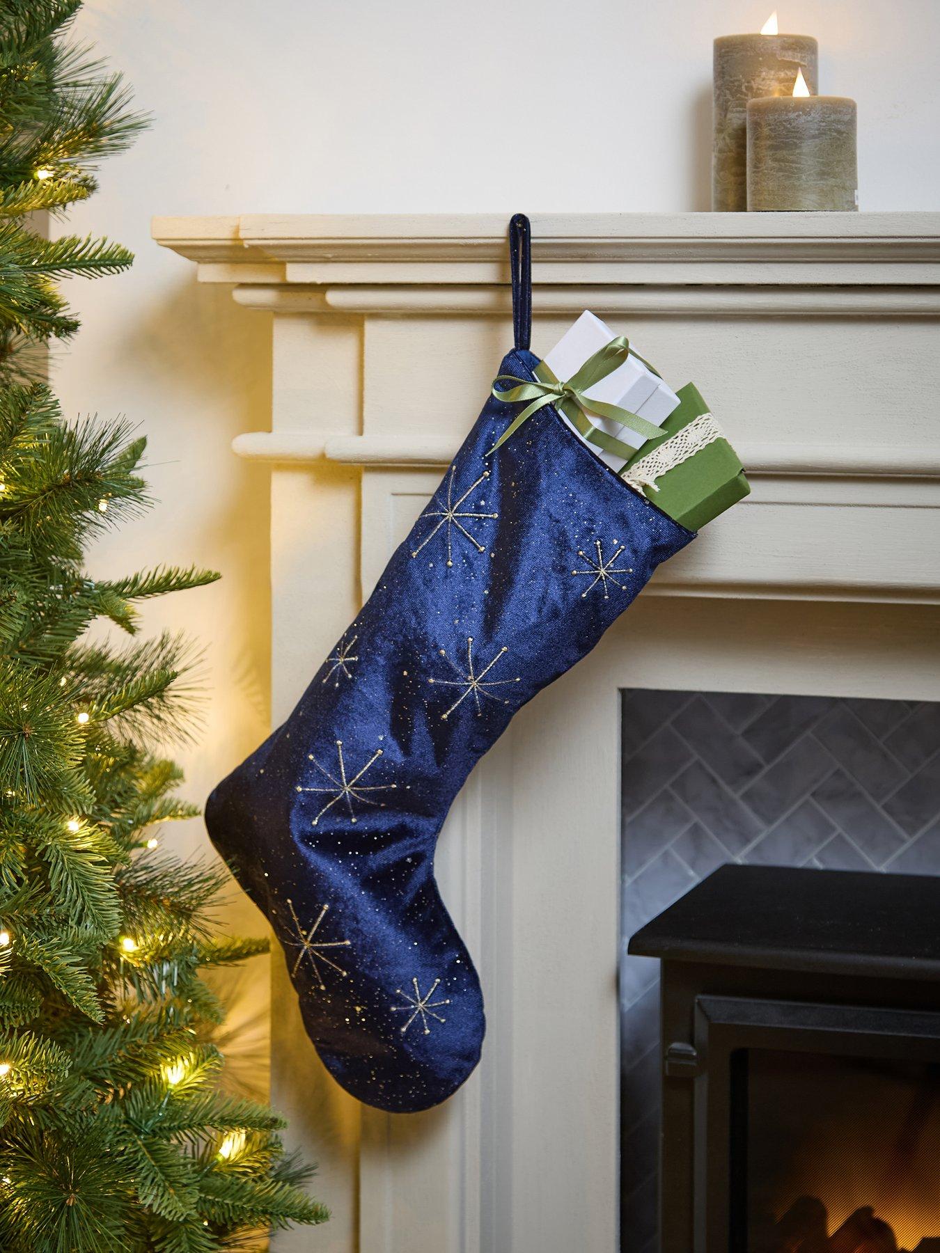 Festive Dark Navy Christmas Stocking with Gold Starburst Pattern - 55cm
