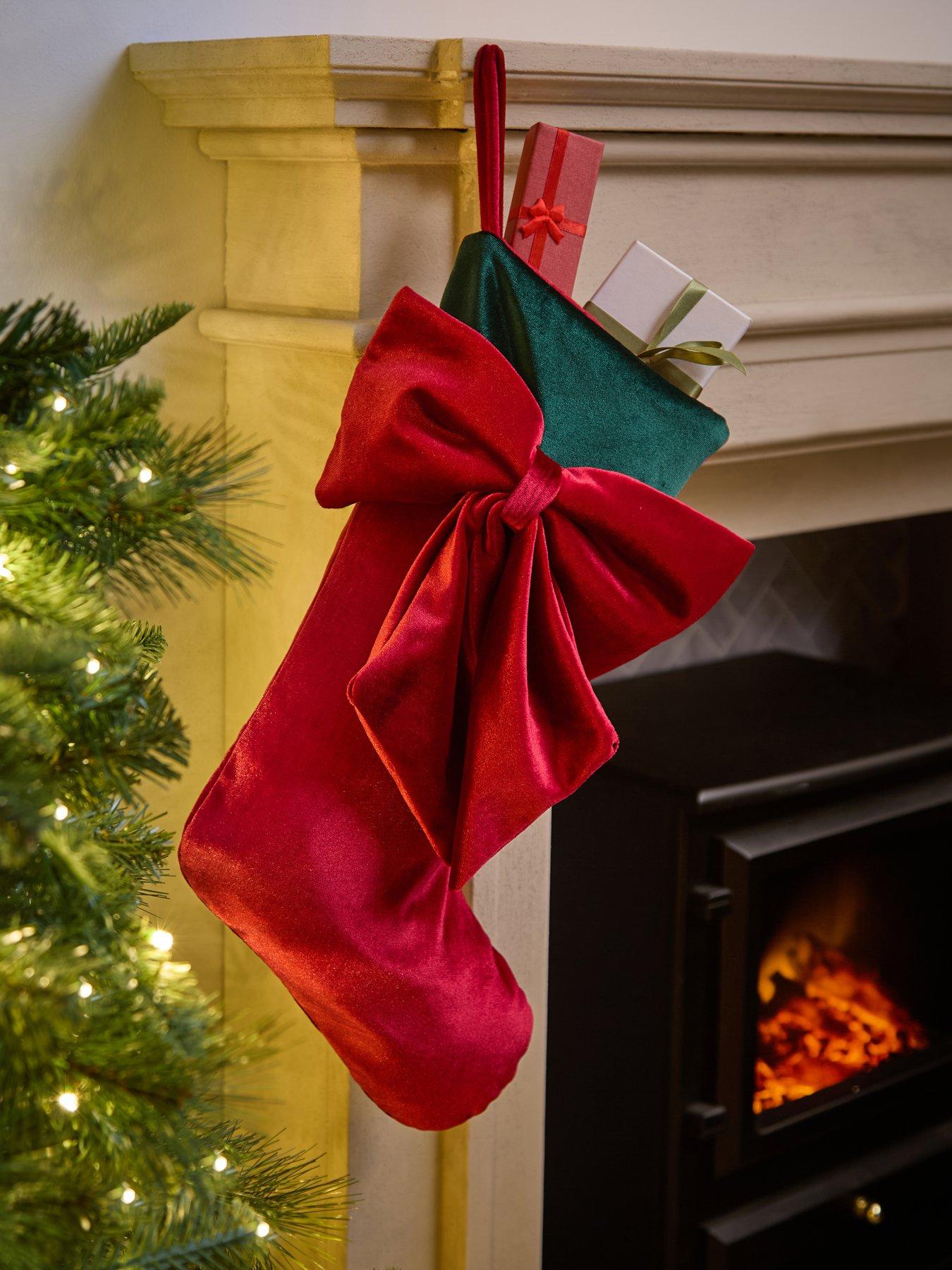 Festive Red Velvet Christmas Stocking with Red Bow/Green Cuff - 46cm