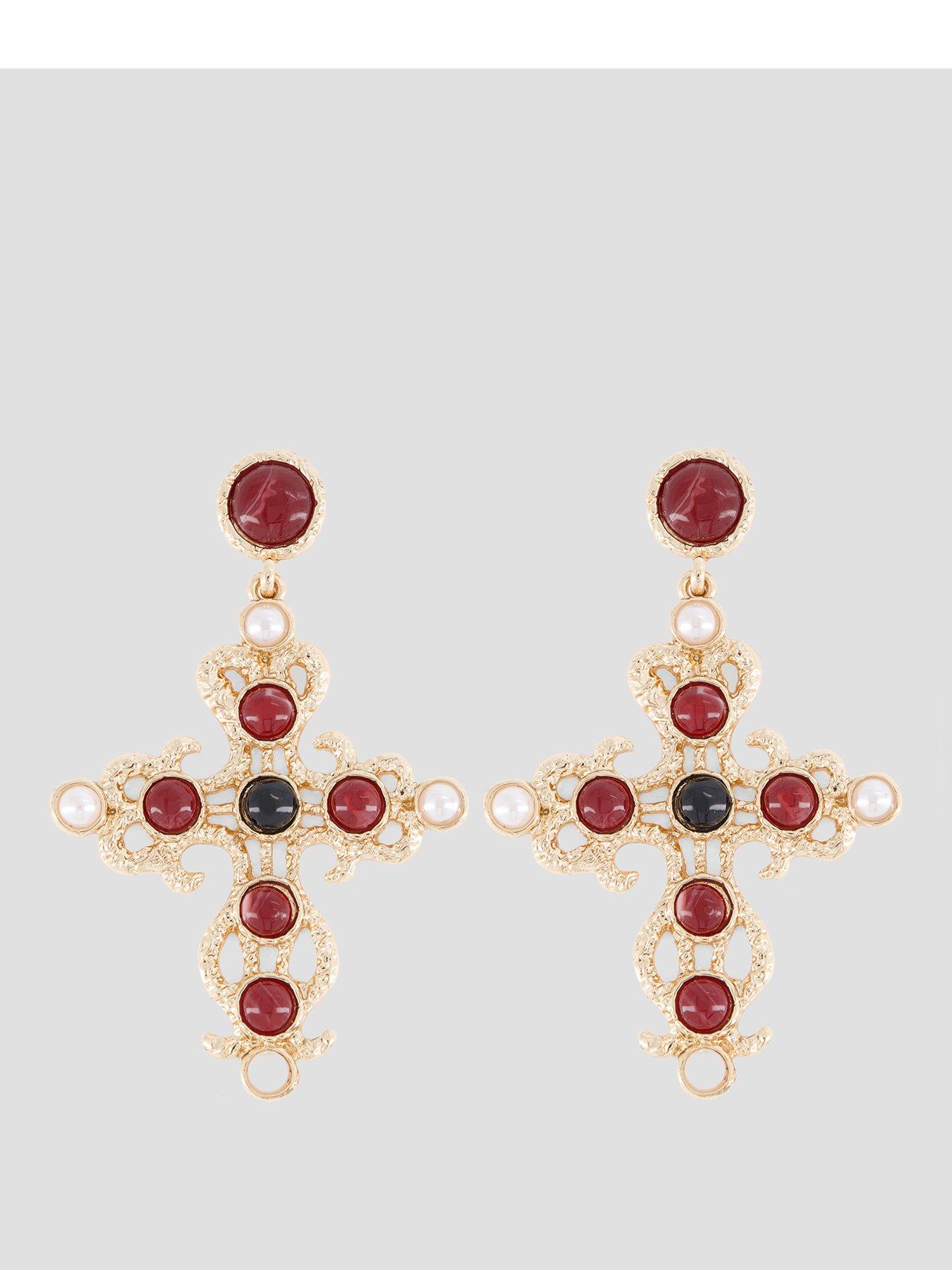 The Very Collection Large Gold Tone Cross Earrings With Stones  &  Pearls