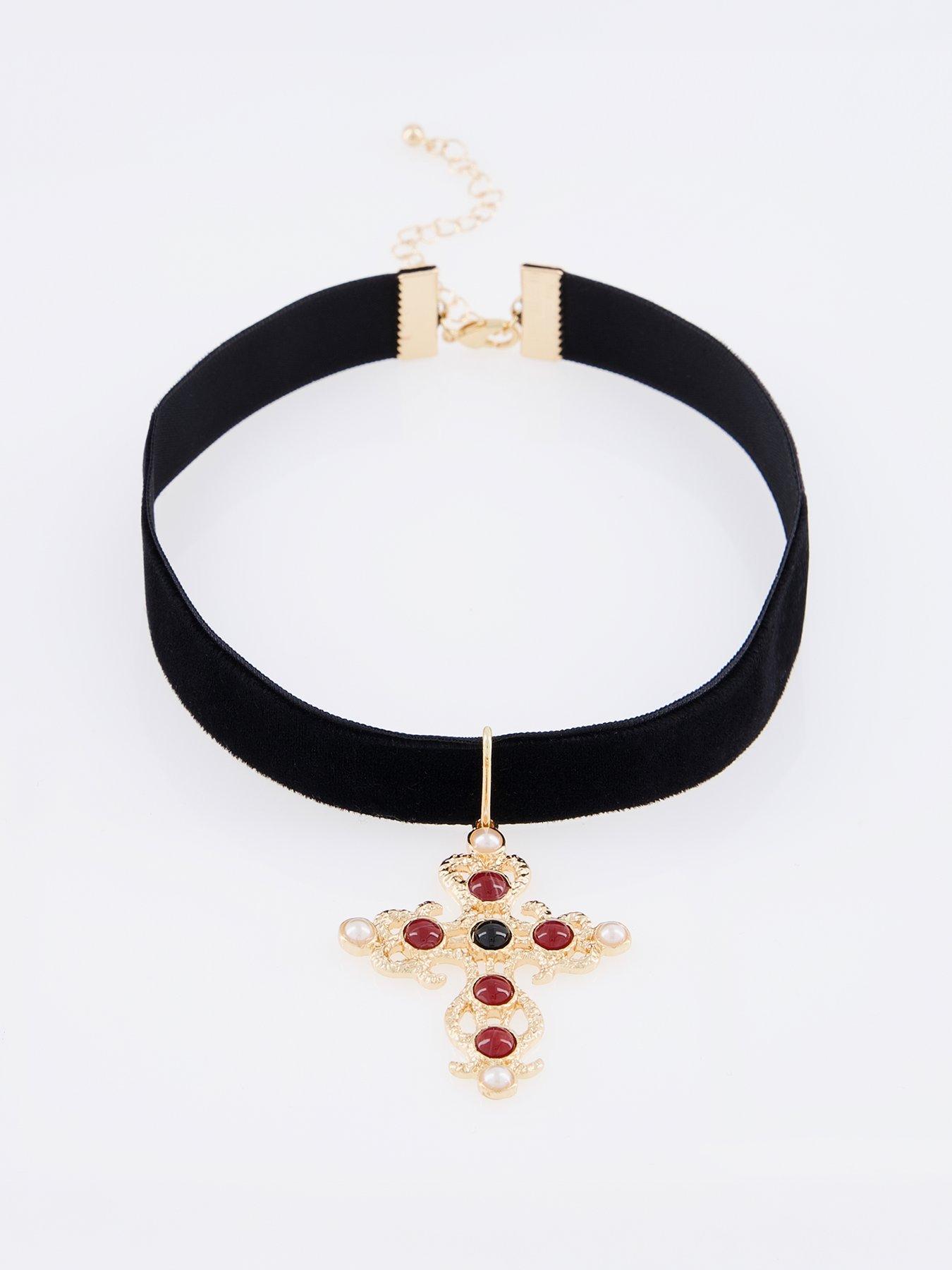 The Very Collection Large Gold Tone Cross Velvet Choker