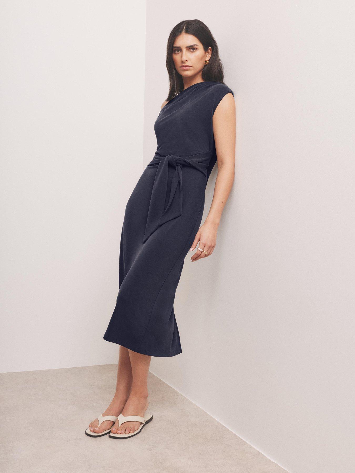 Mint Velvet Navy Cupro Tie Midi Dress