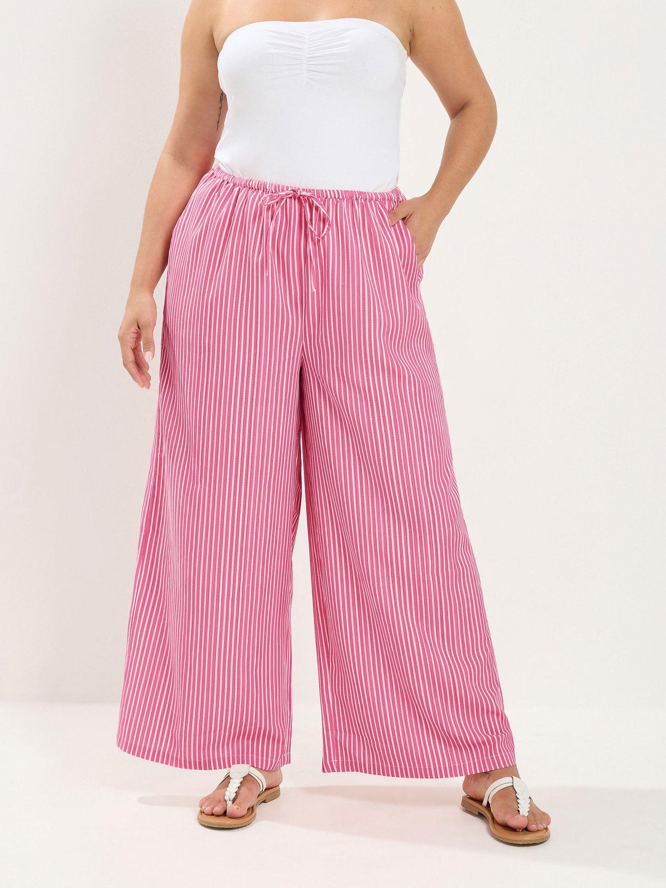 Yours Curve Textured Stripe Print Wide Leg Trousers - Regular - Pink
