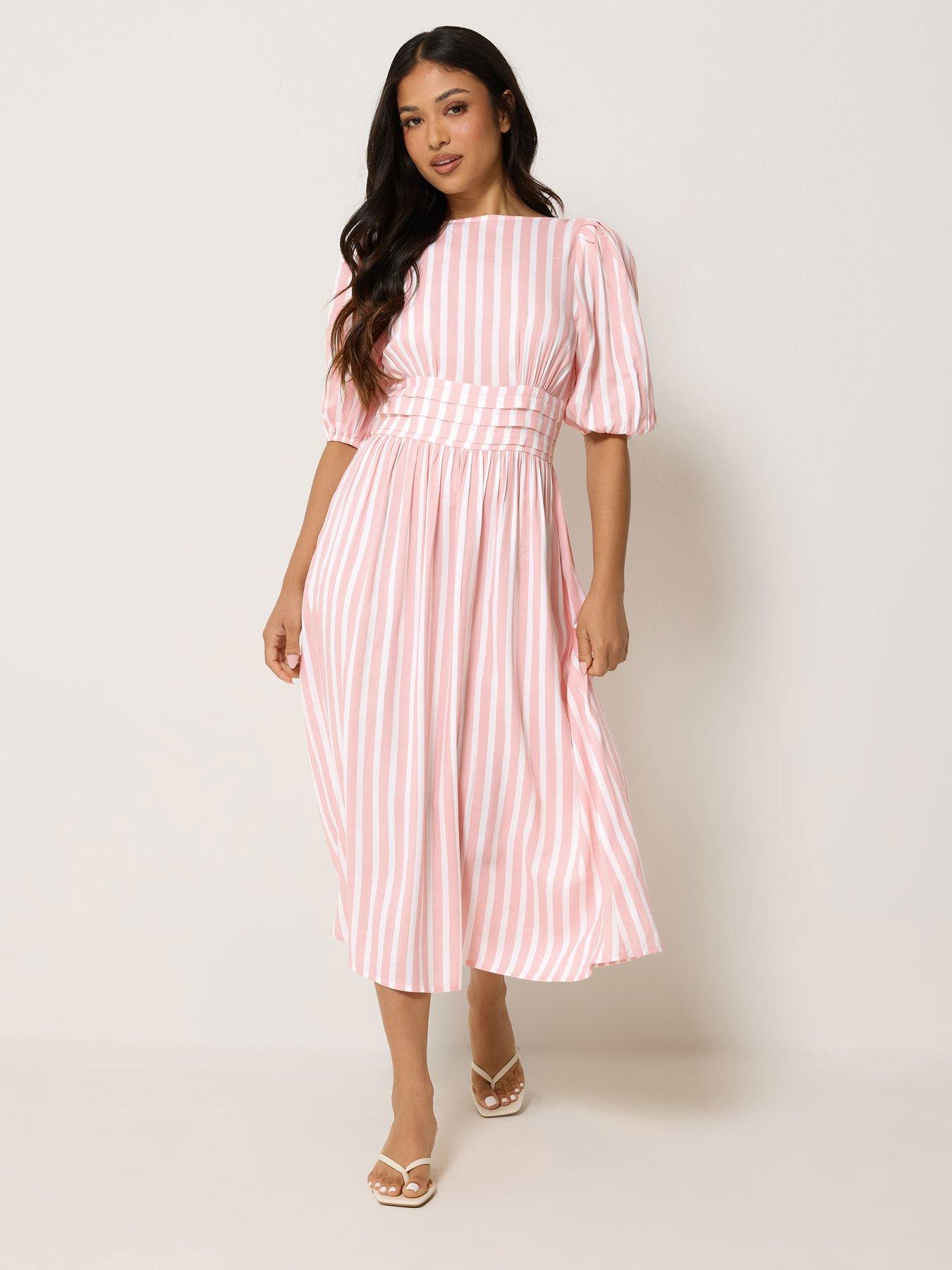 PixieGirl Petite Stripe Short Sleeve Midi Dress - Pink